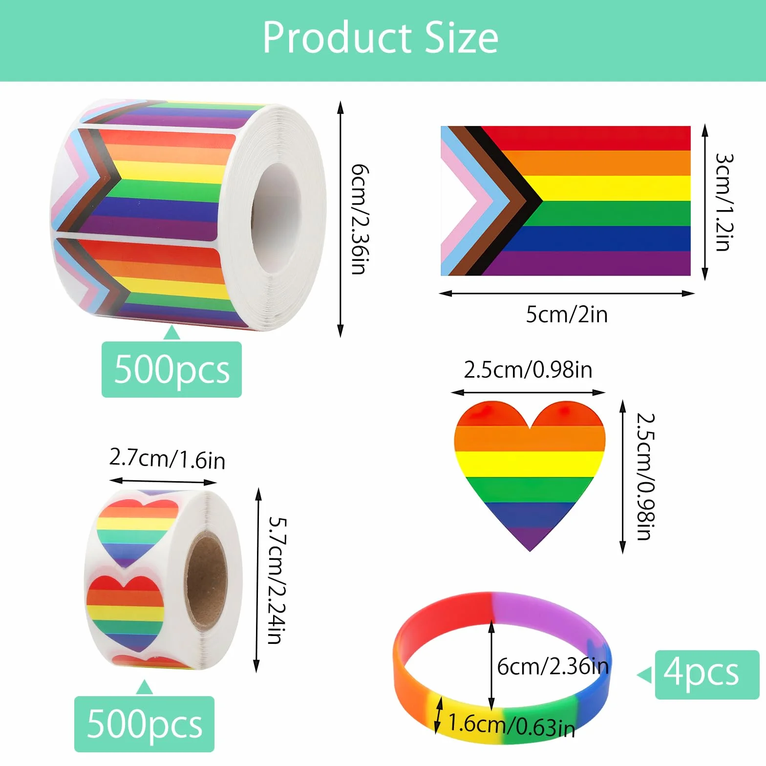 VOSSOT 1000 sztuk naklejek tęczy LGBTQ, 4 tęczowe bransoletki, naklejki w kolorze tęczy, naklejki Pride, naklejki LGBTQ, naklejki Gay Pride, samoprzylepne naklejki tęczowe, akcesoria Pride