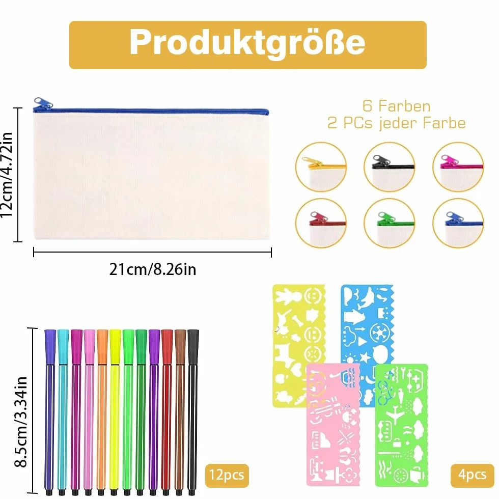 Pusty piórnik z tkaniny, 12 szt., płócienny piórnik do malowania, torba materiałowa, zamek błyskawiczny, pusty z 12 kredek, 4 szablony, obraz do rękodzieła, piórnik, torby materiałowe