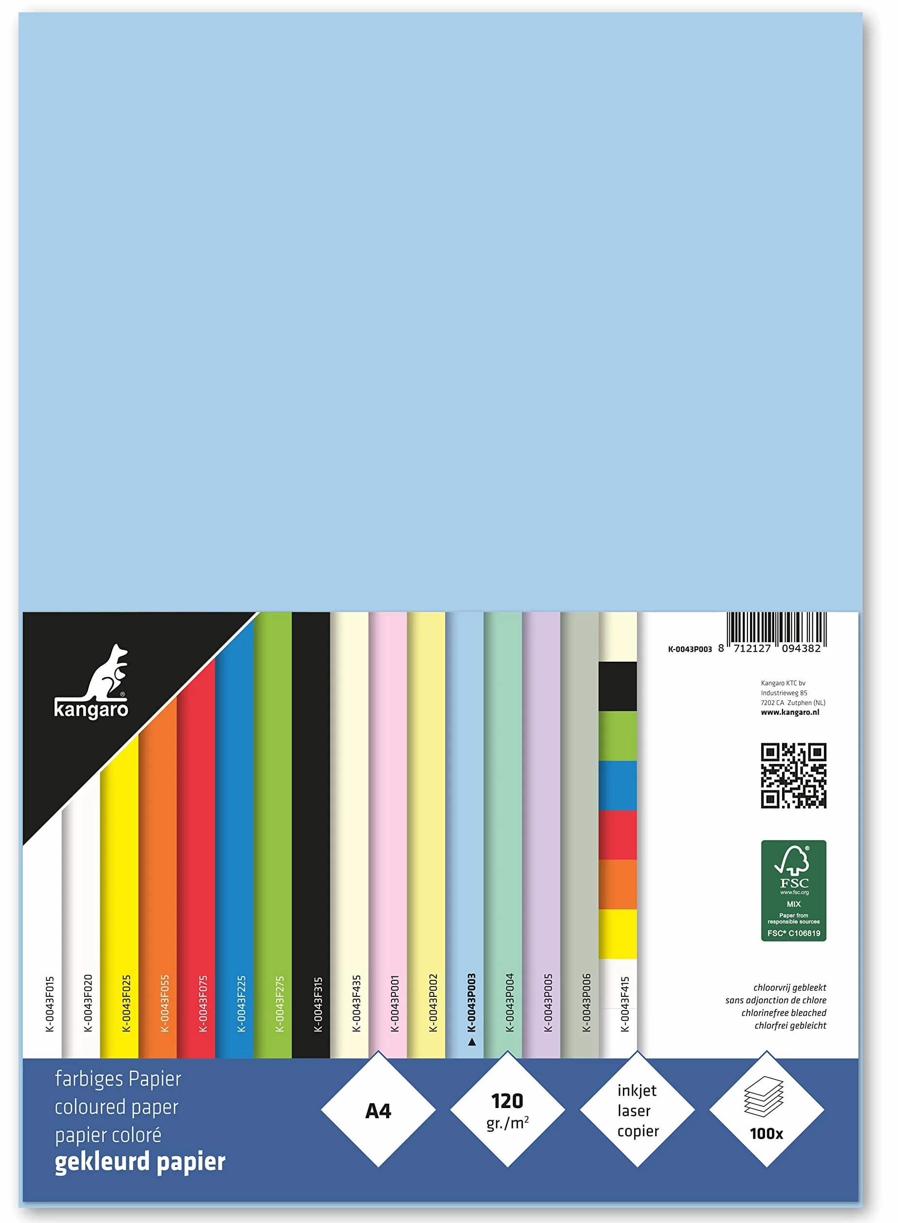 Kangaro - Papier kolorowy pastelowy niebieski DIN A4-120 g/m² FSC mix – 100 sztuk – papier listowy, do majsterkowania