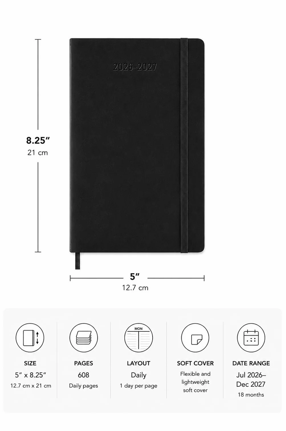 Moleskine Kalendarz dzienny 2026-2027 – 18-miesięczny kalendarz z miękką okładką i zamknięciem na gumkę, kolor czarny, rozmiar L 13 x 21 cm