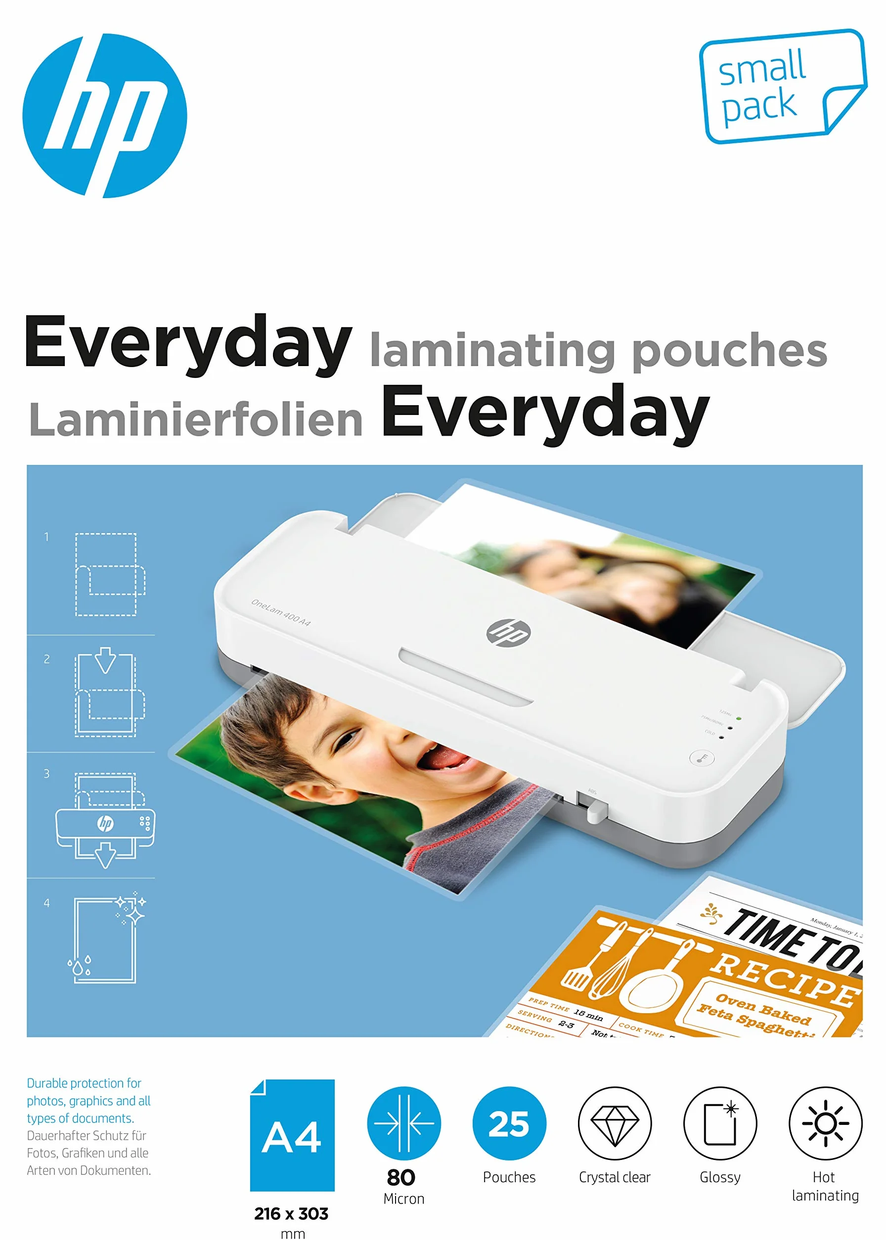 HP Everyday 9154 folie do laminowania, DIN A4, 80 mikronów, błyszczące, przezroczyste, do laminowania na gorąco, 25 sztuk