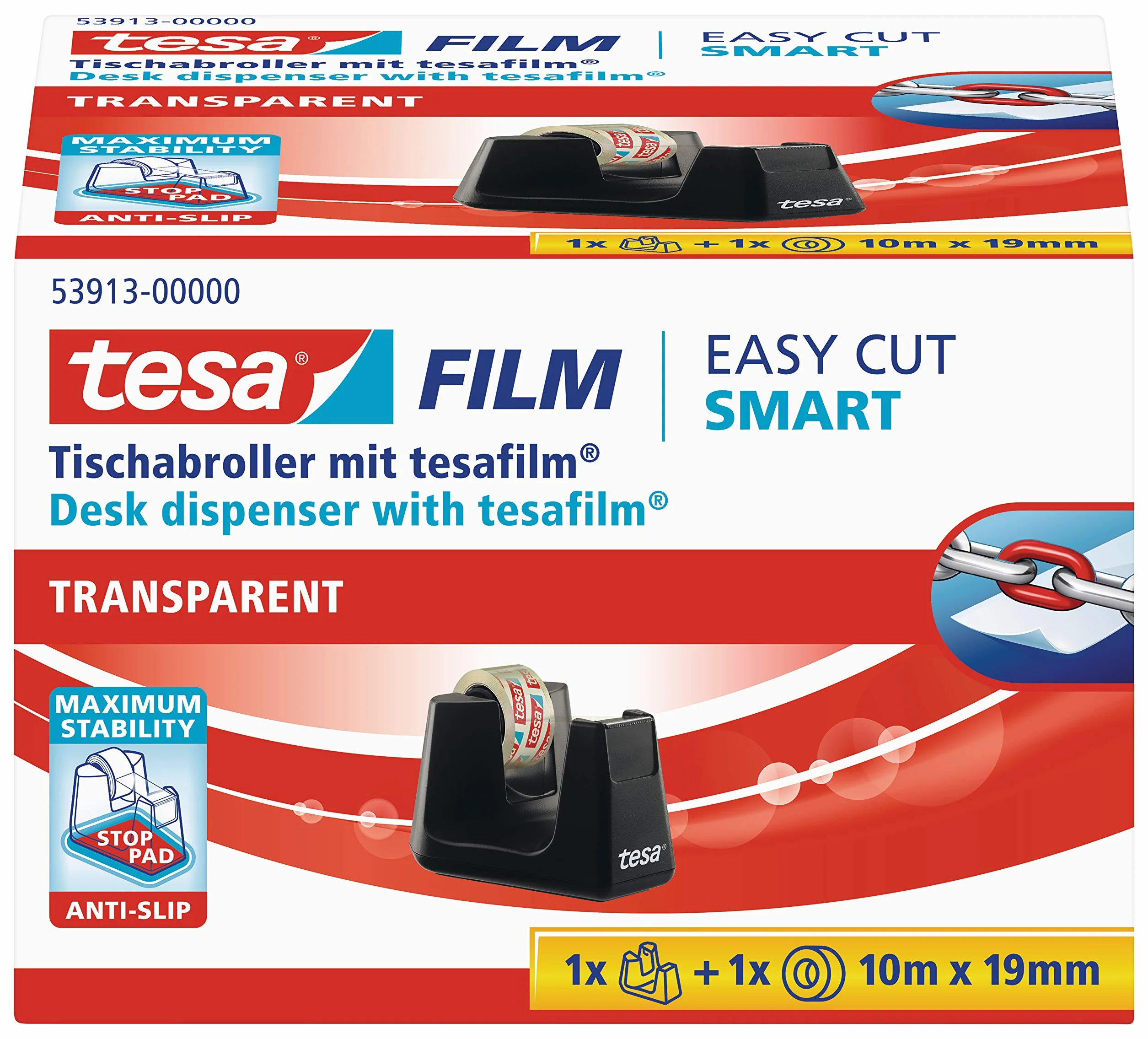tesa® Easy Cut Smart dyspenser - solidny dozownik z funkcją antypoślizgową w kolorze czarnym i przezroczystą taśmą samoprzylepną - 1 transparentnych rolek tesafilm 10 m x 19 mm