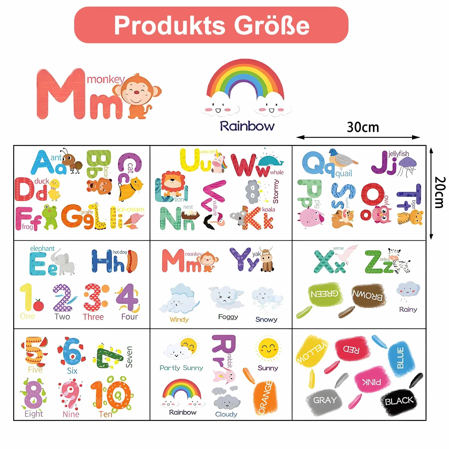 9 plakatów ABC dla dzieci, wodoodporny alfabet, plakat edukacyjny dla dzieci z literami, cyframi, pogodą, kolorami, tatuaż ścienny do przedszkola, domu, szkoły