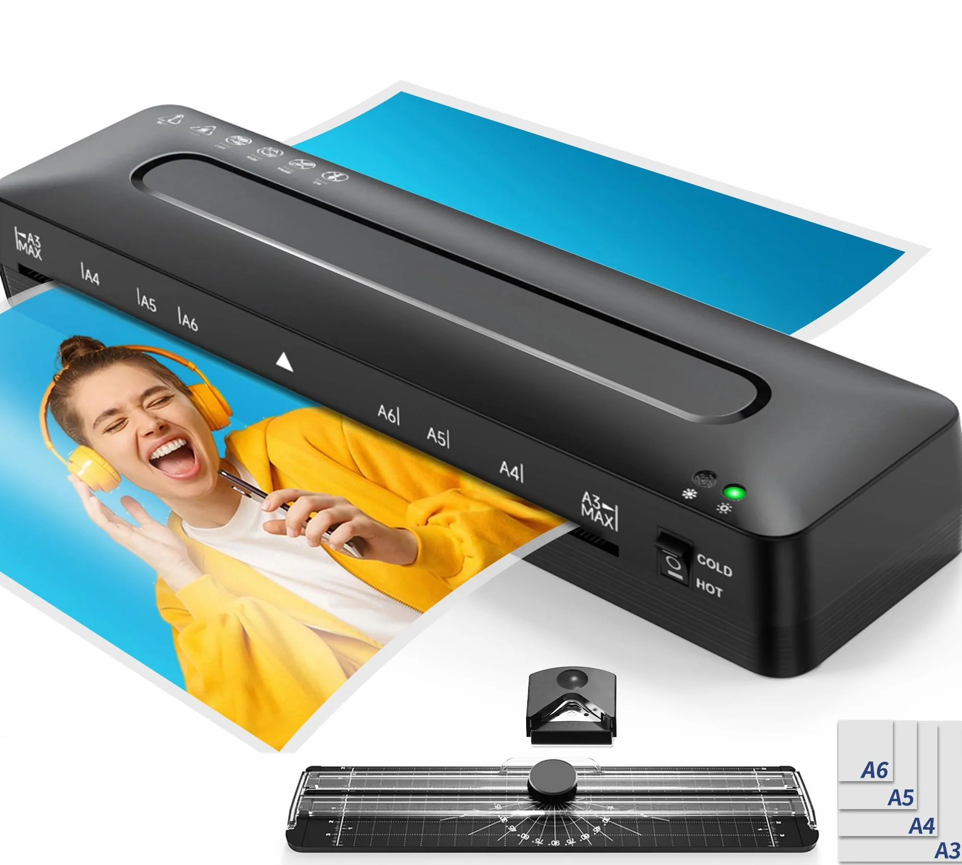 Laminator A3 – laminator 5 w 1 z 20 foliami do laminowania na gorąco i zimno, zestaw z maszyną do cięcia papieru i zaokrągleniem narożnym, do użytku domowego, biura, szkoły, zdjęć