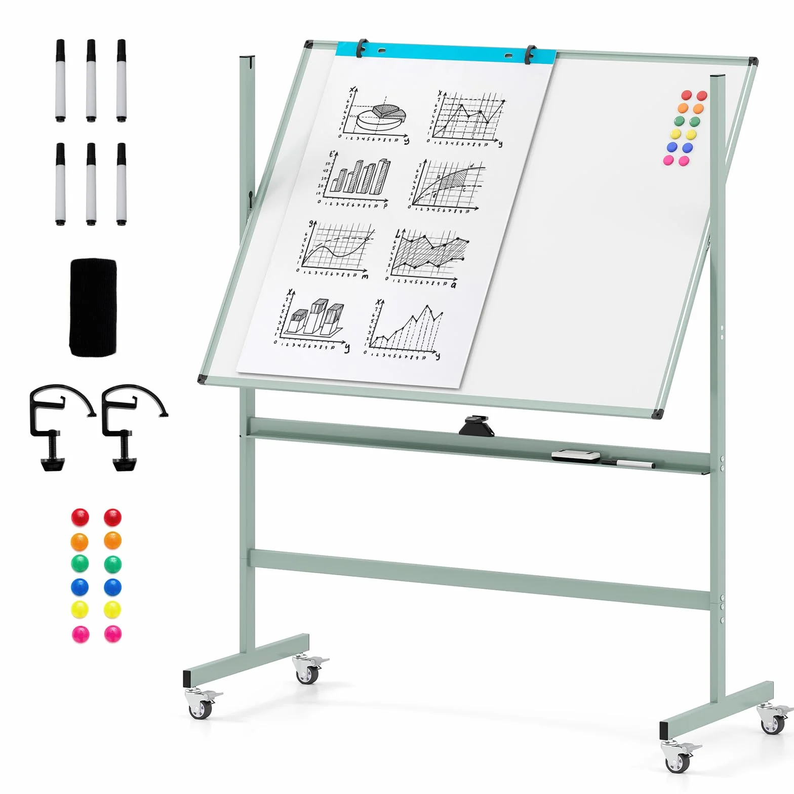 GIANTEX Przenośna tablica suchościeralna ze stojakiem, 120 x 90 cm, dwustronna tablica magnetyczna 160/180 cm, z regulacją wysokości i obracana o 360°, magnetyczna z półką na długopisy, do szkoły