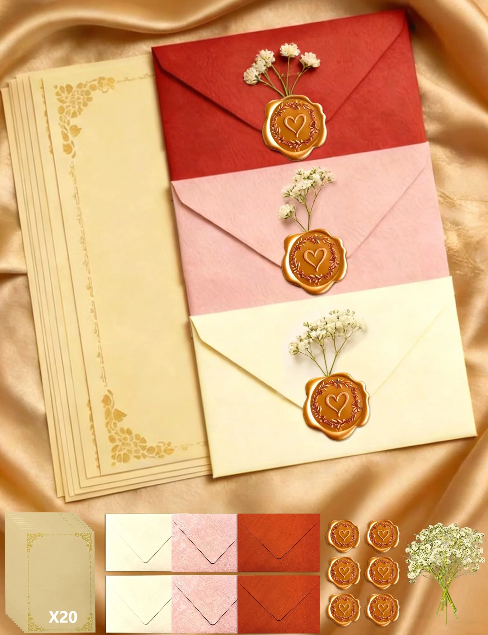 Zestaw Papieru Listowego Vintage 40 sztuk A5, Koperty, Pieczęcie Woskowe, Suszone Kwiaty