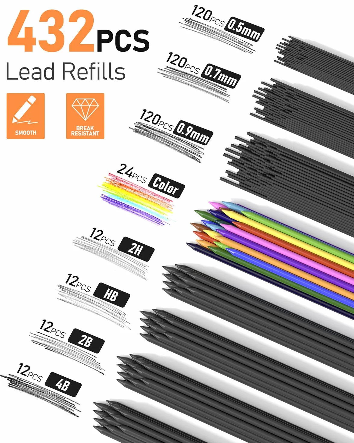Ensemble de 25 porte-mines artistiques métal 0,5 0,7 0,9 mm avec 432 recharges graphite