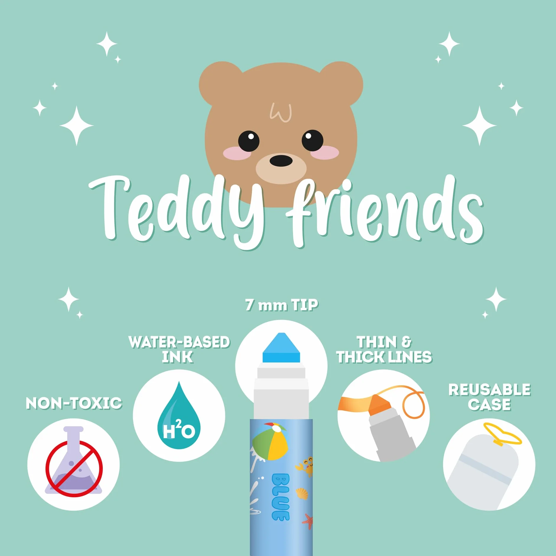 Legami - Zestaw 12 markerów - Teddy Friends, 12 kolorów, zmywalnych, toksycznych końcówek, cienkich, szerokich pociągnięć, dla dzieci i dziewcząt, opakowanie wielokrotnego użytku