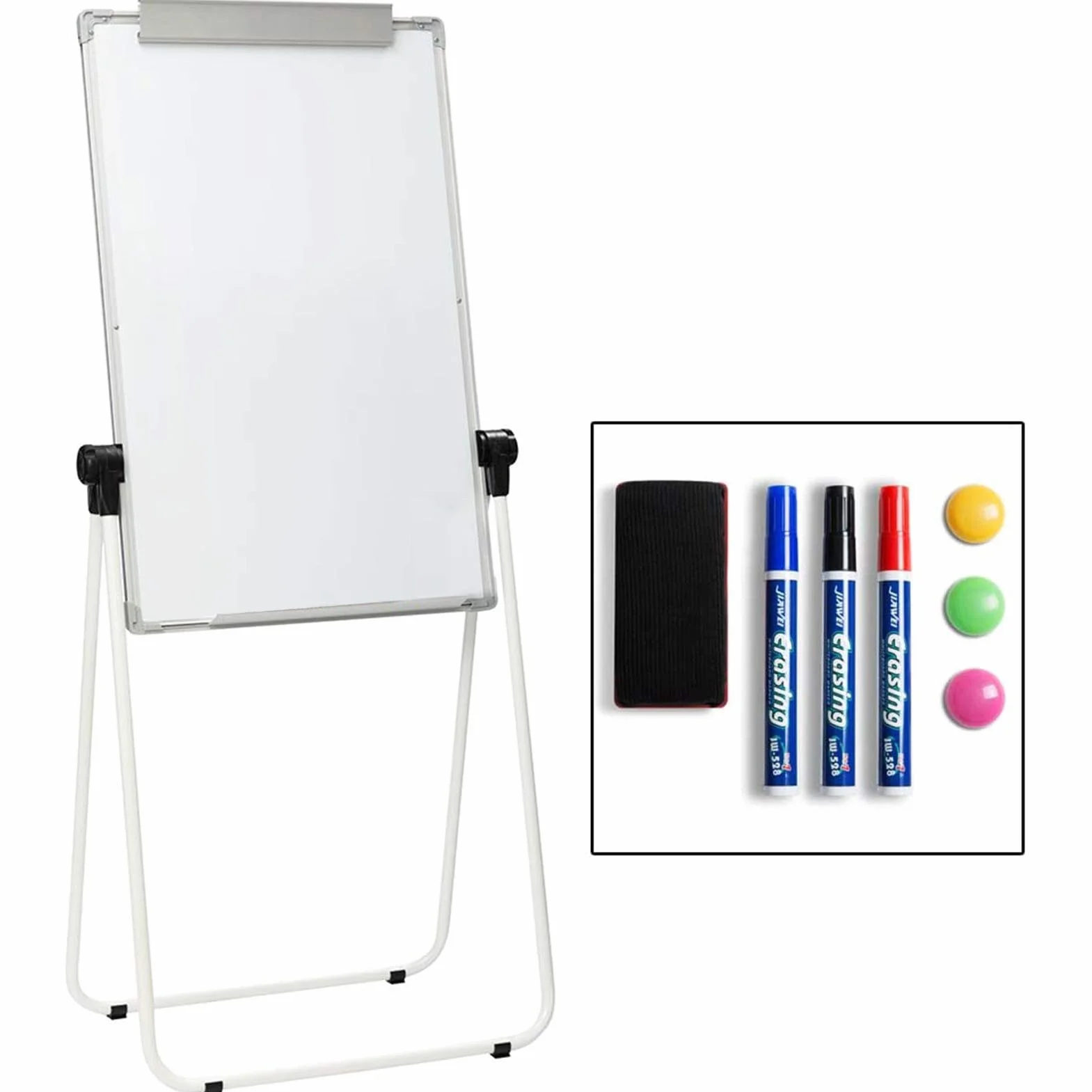 DOEWORKS Tablica z klapką, 90 x 60 cm, stojak w kształcie litery U, dwustronna magnetyczna biała tablica flipchart, regulowana wysokość i składana tablica do domu, szkoły, biura, biała