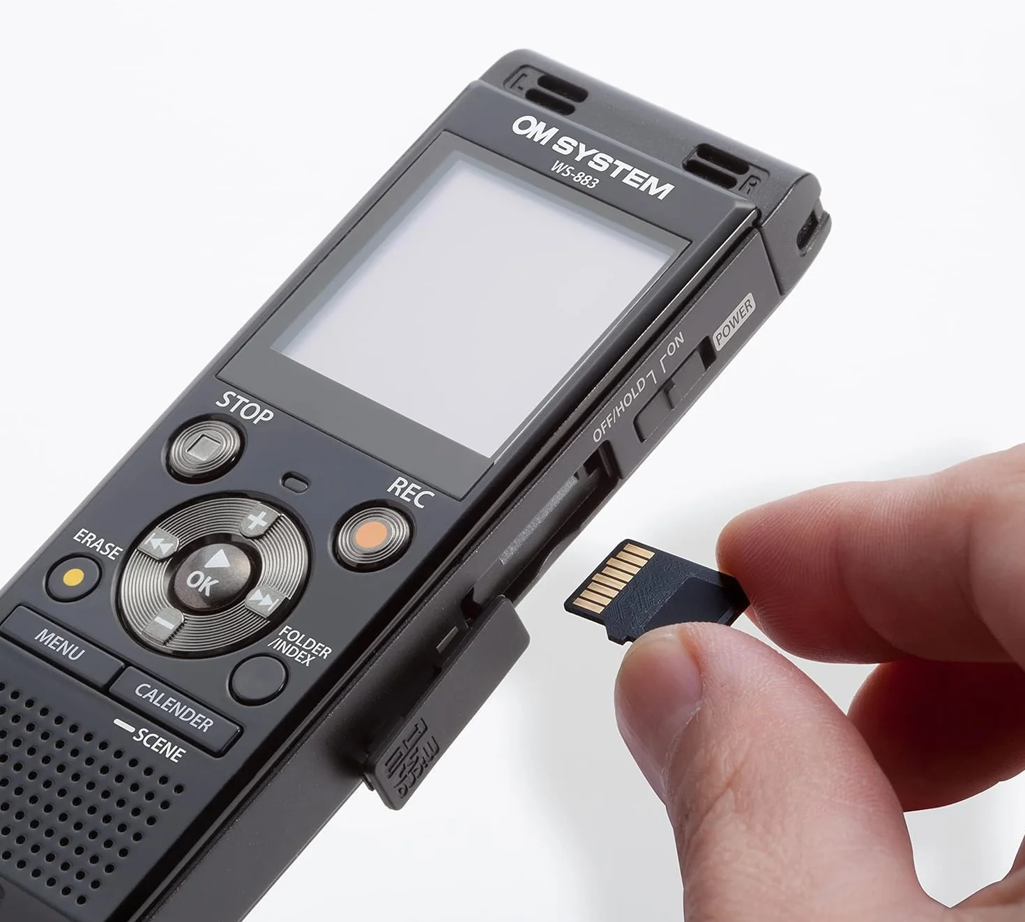 Wysokiej jakości dyktafon cyfrowy OM SYSTEM WS-883 z wbudowanymi mikrofonami stereofonicznymi, bezpośrednim połączeniem USB, balansem głosu, kasowaniem szumów, 8 GB pamięci, VCVA