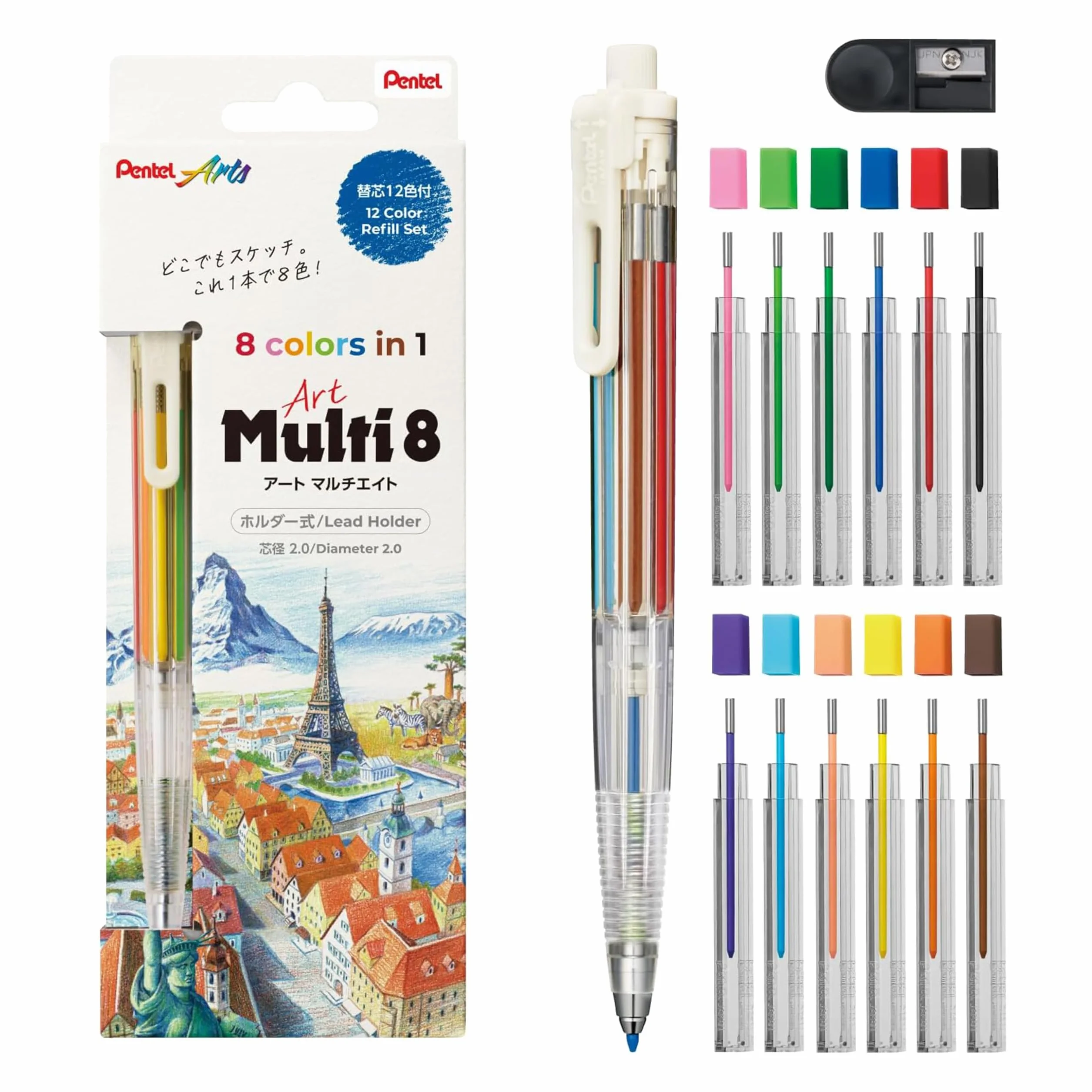 Pentel Art Multi 8 wielokolorowy uchwyt na wkłady z 8 wkładami kolorowymi XPH804ST