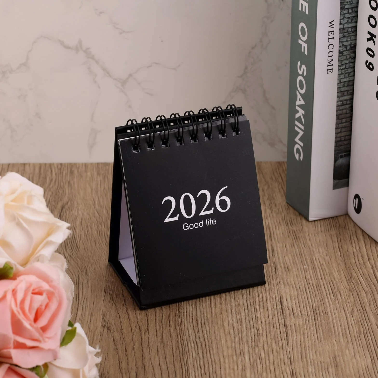 Mini Kalendarz Biurkowy 2026-2027 z Naklejkami, Styczeń 2026 do Lipiec 2027 19 Miesięcy Mały Stojący Przerzutowy Kalendarz Podwójny Drut Oprawa Prosty Design dla Dom Szkoła Biuro (Czarny)