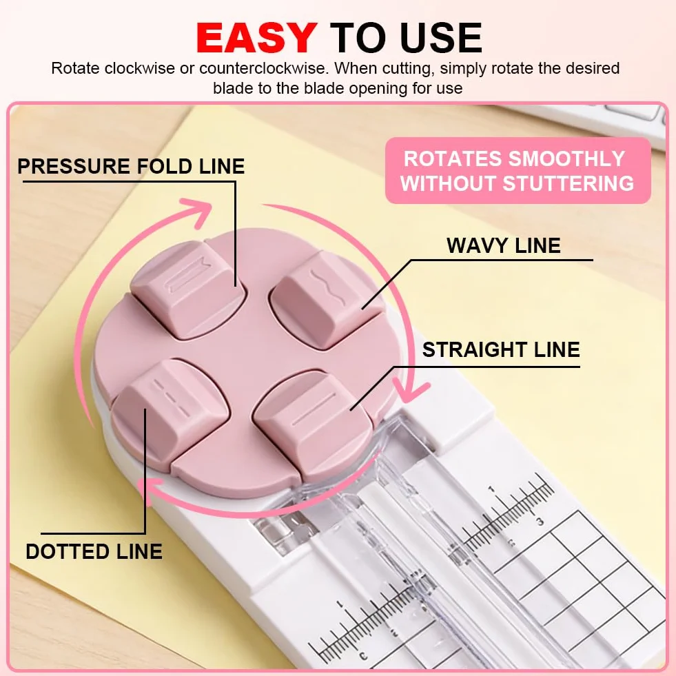 Nóż do papieru 4 w 1, wielofunkcyjny, do cięcia papieru z prowadnicą linii cięcia i linijką boczną, do scrapbookingu, papieru do majsterkowania, projektów DIY, prac ręcznych, różowy