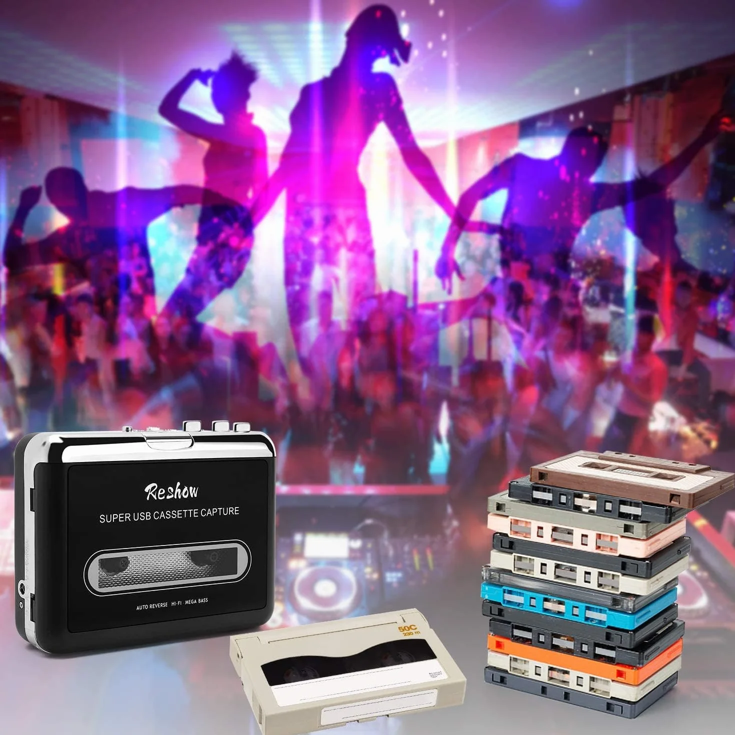 Reshow Przenośny odtwarzacz kasetowy nagrywanie MP3 USB konwersja kaset na MP3 Czarny