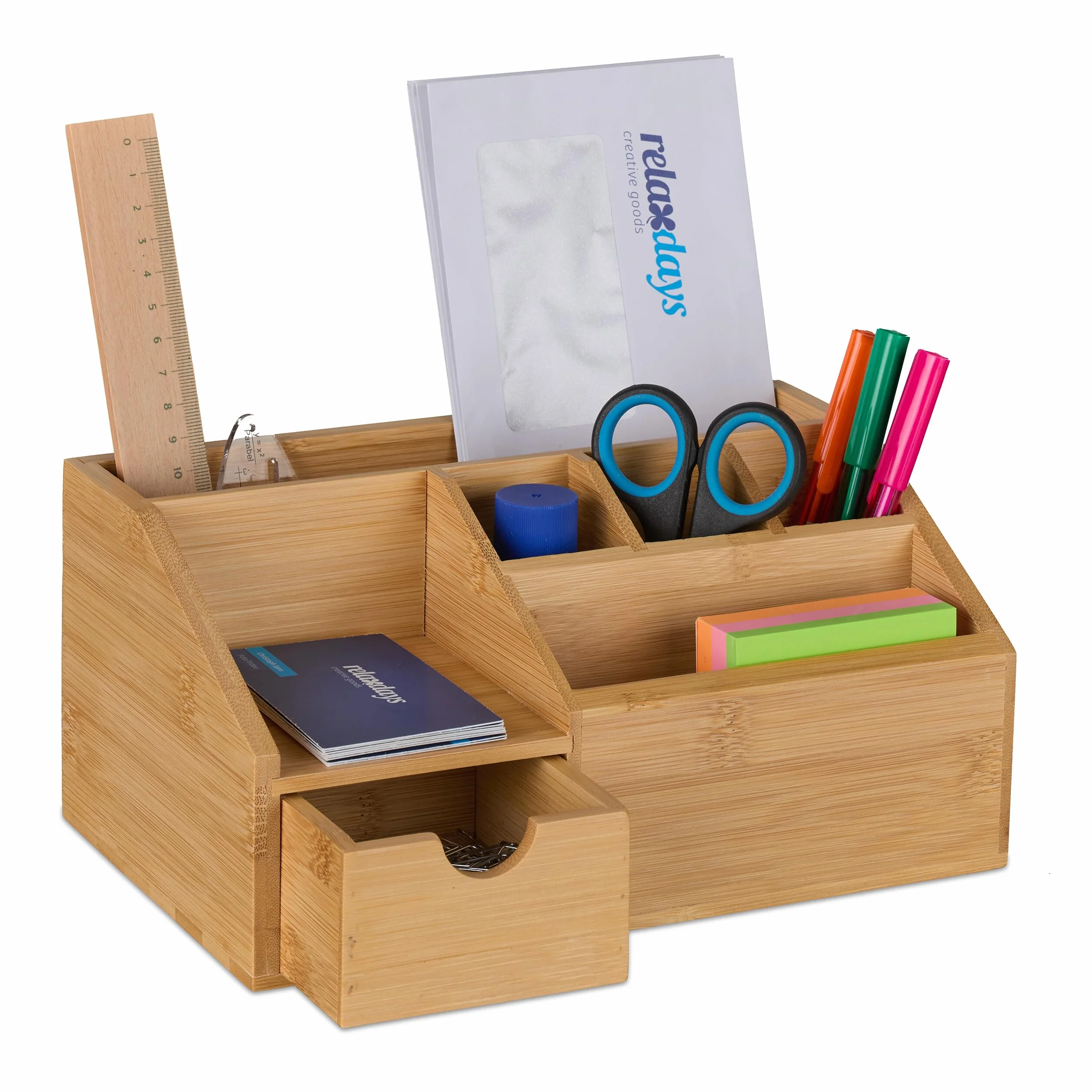 Relaxdays Organizer na biurko z szufladą 6 przegródek bambusowy 11x24,5x15 cm naturalny