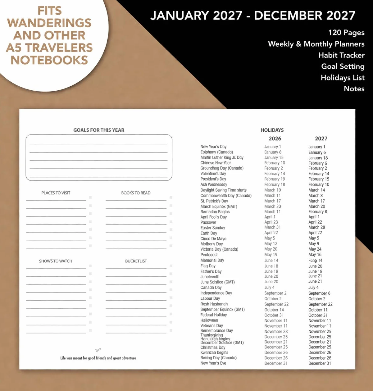 Wkłady Uzupełniające do Kalendarza A5 Traveler's Notebook 2027, 14,2 x 21 cm, Styczeń-Grudzień 2027