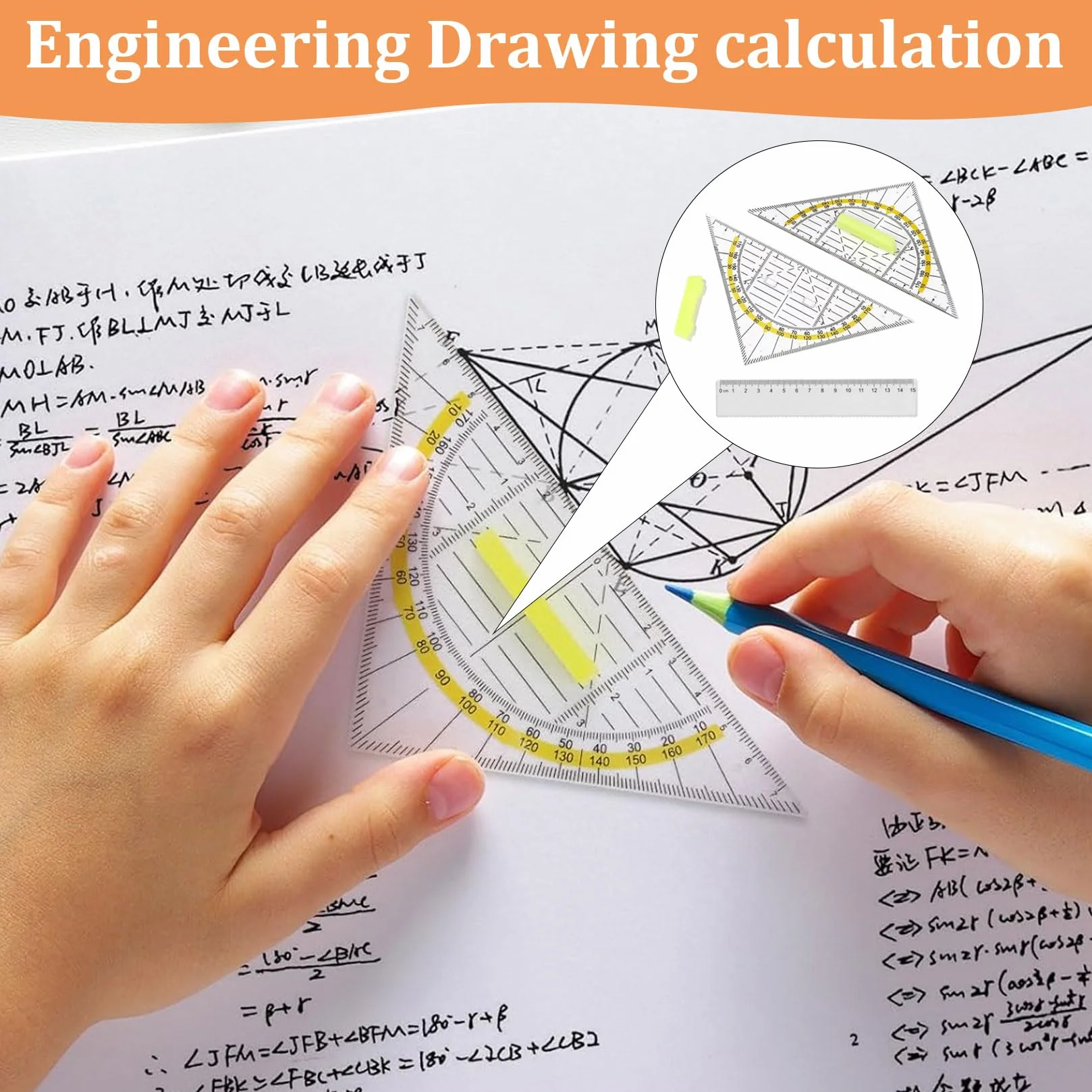 6 sztuk ekierki geometrycznej z uchwytem 16 cm, elastyczne szablony koła Geo i 2 sztuki linijki 15 cm, ekierki, zestaw linijki dla studentów, biura, projektanta, malarstwa