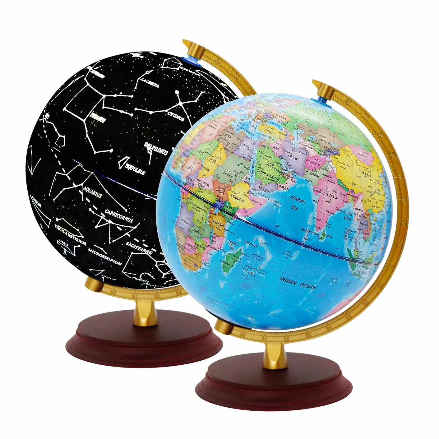 EXERZ Podświetlany Globus 20 cm Drewniana Podstawa Mapa Polityczna Angielski Lampa LED 2w1