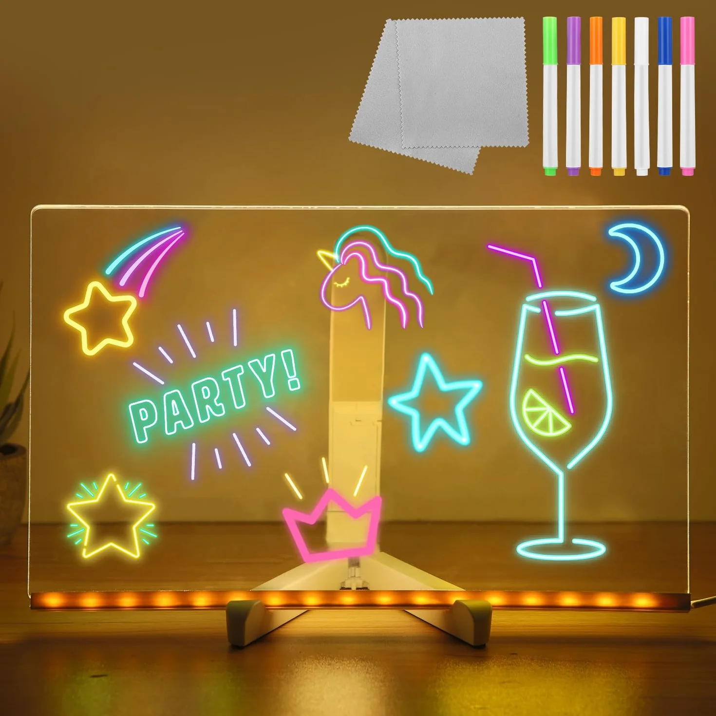 Akrylowa Tablica LED,Notatki Led z Kolorami Tablica na Pisania 17 Lampek 30x20 CM z 7 Kolorowymi Pisakami do Informacyjna Doodle,Tablic do Planowania SuchośCieralna