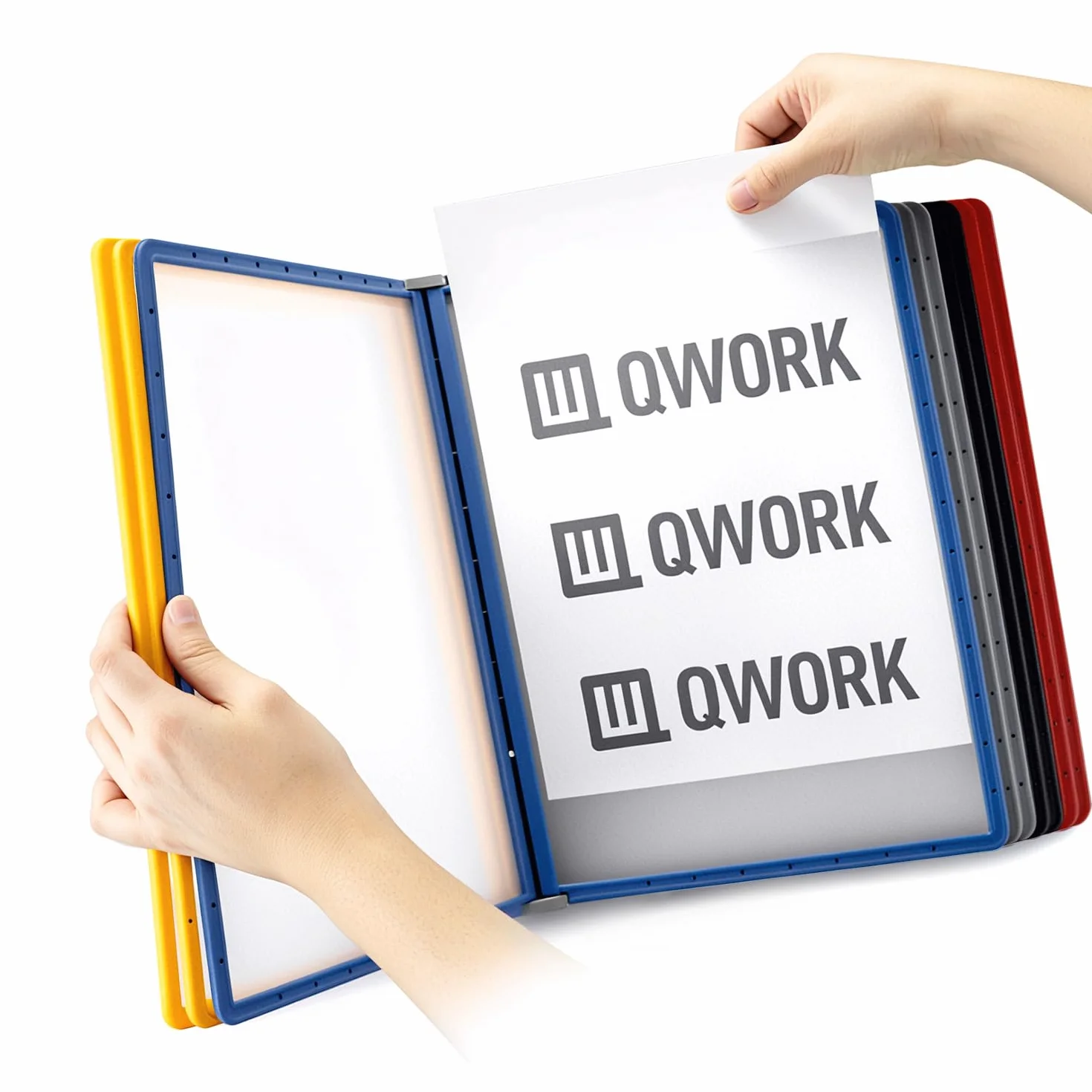 QWORK System wystaw ściennych 10 paneli ekspozycyjnych A4 Wielokolorowe teczki na dokumenty
