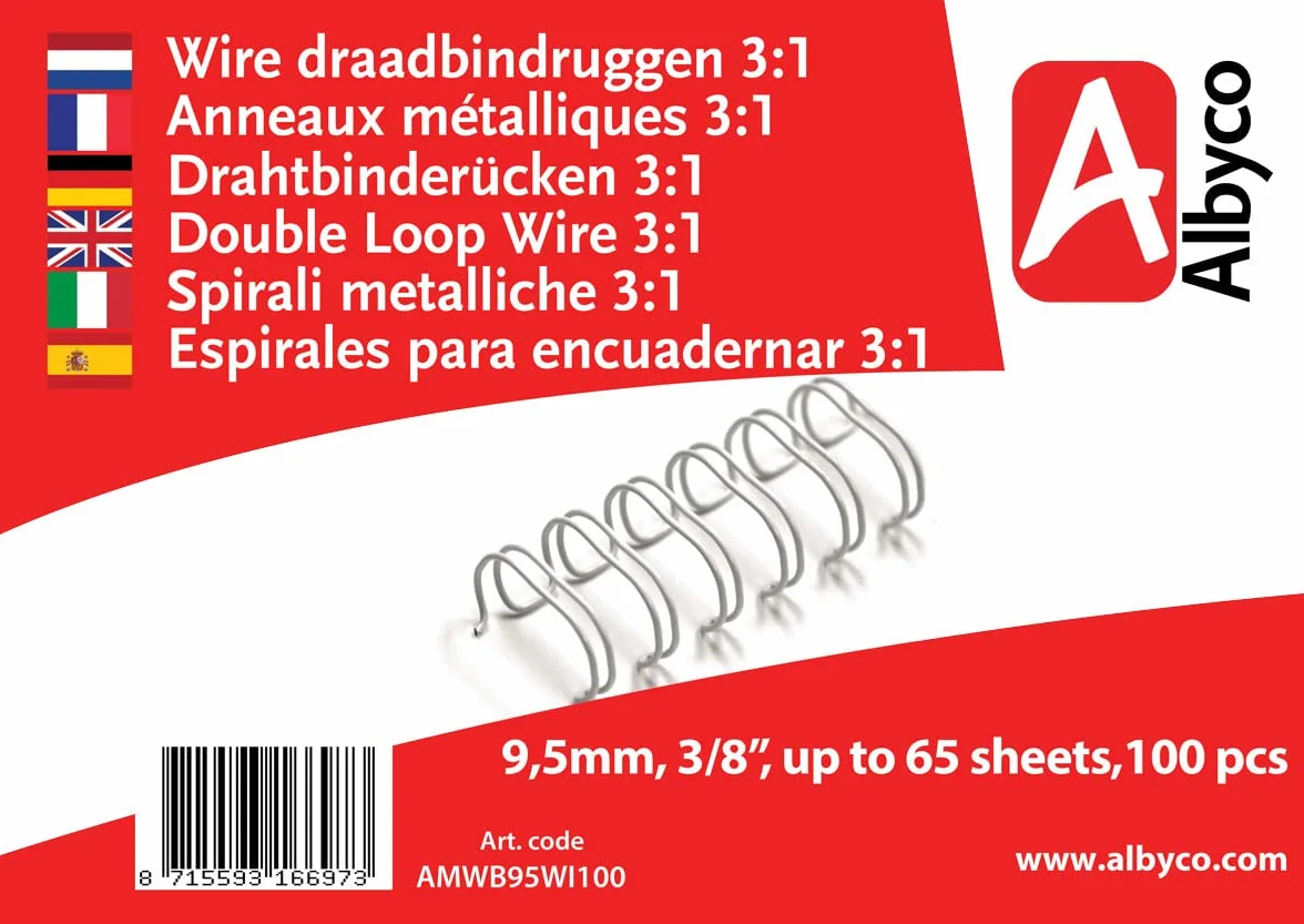 Albyco - Wire-O Segregator do Papieru - Do 65 Arkuszy - Segregatory A4 Papier, Segregator na Dokumenty, Grzbiety Druciane, Ringowy - 9,5 Milimetry | 3/8 Calan - 100 Sztuk - Biały