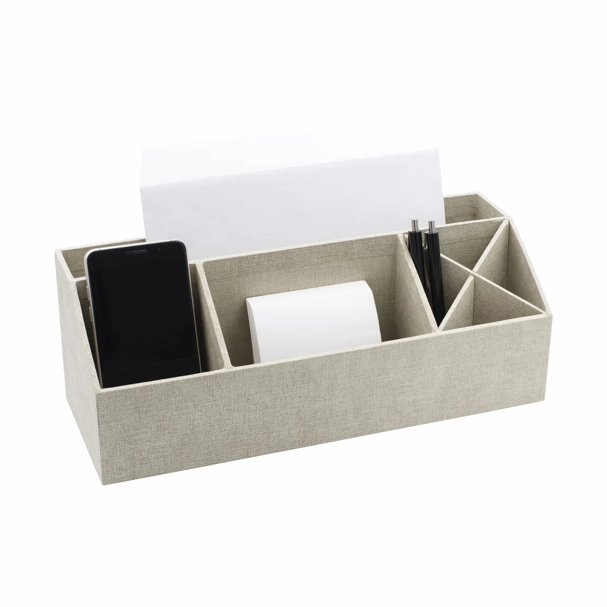 Bigso Box of Sweden Organizer na biurko z 4 przegródkami, do przechowywania notatek, spinaczy do papieru, długopisów itp. – uchwyt na długopisy z płyty pilśniowej i papieru o wyglądzie lnu, beżowy