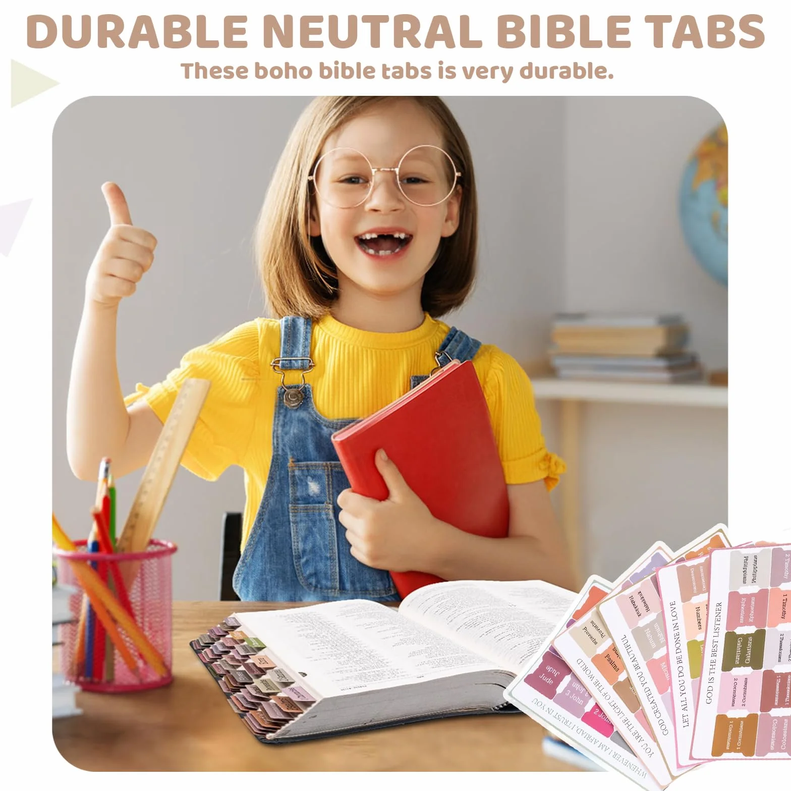 Laminowane rejestry biblijne, duże zakładki z nadrukiem boho, neutralne etykiety