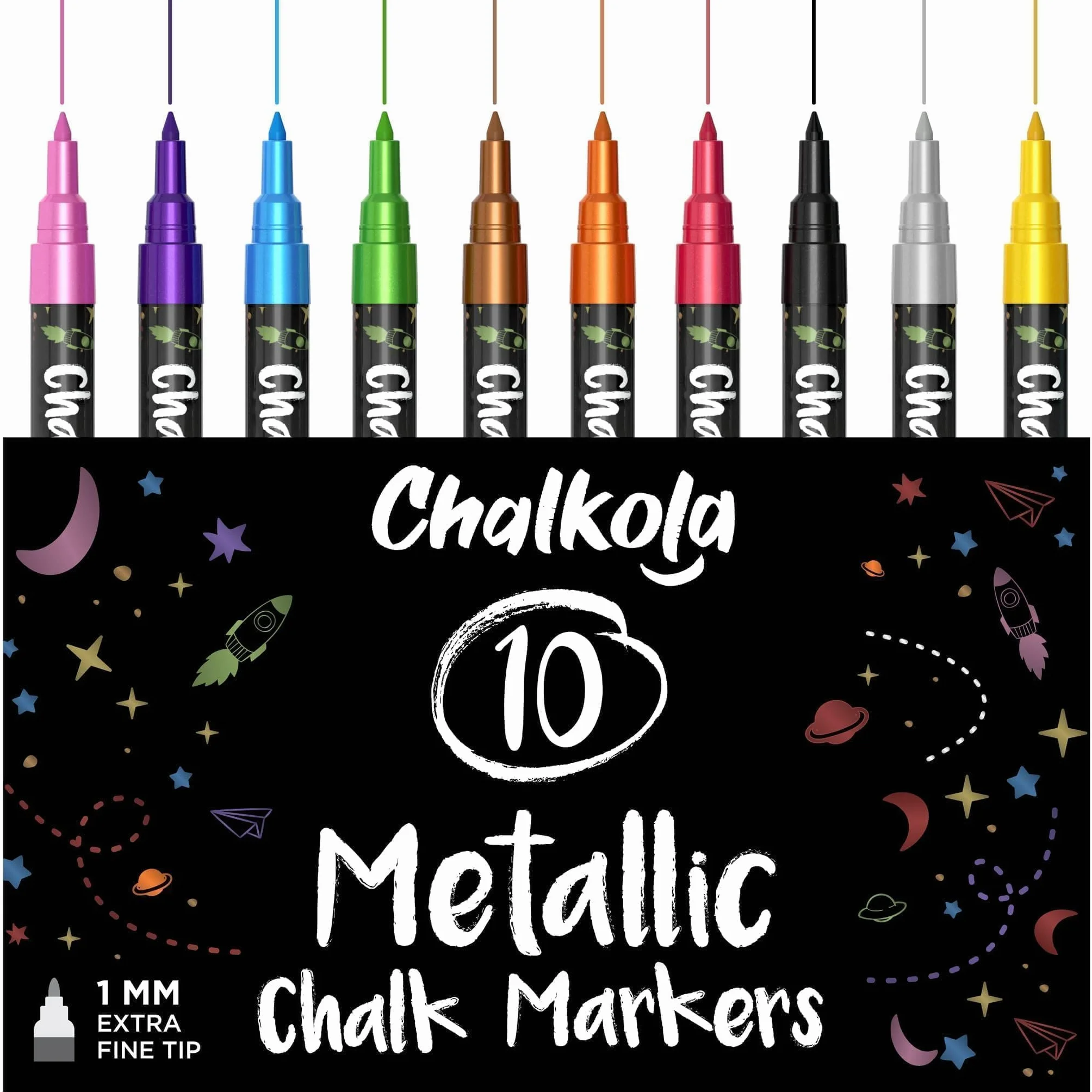 Extra Fine Tip Metallic Chalk Pens (10 Pack, 1mm) Liquid Chalk Pens - for Blackboards, Chalkboard, Bistro Menu, Window - Wet Wipe Erasable