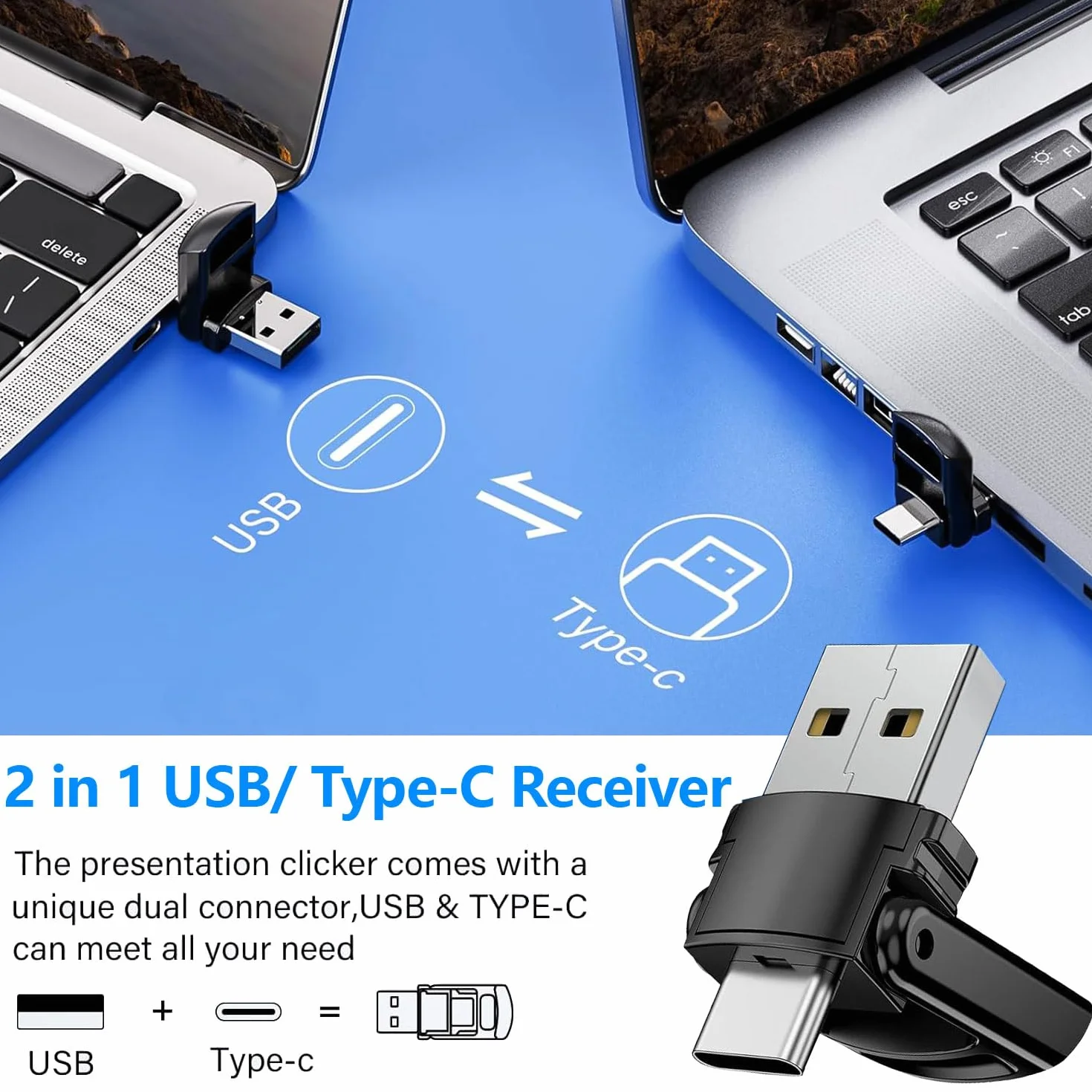 Prezentacja Clicker 2 w 1 USB typu C 2,4 GHz ładowalny bezprzewodowy pilot do PowerPoint Mac laptop