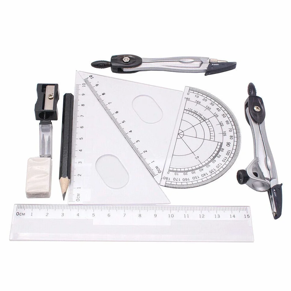Zestaw geometrii, 10-częściowy zestaw kątowy do matematyki, temperówka do ołówków, linijki, zestaw do rysowania, dla uczniów w domu, szkole, rysowania, w torbie