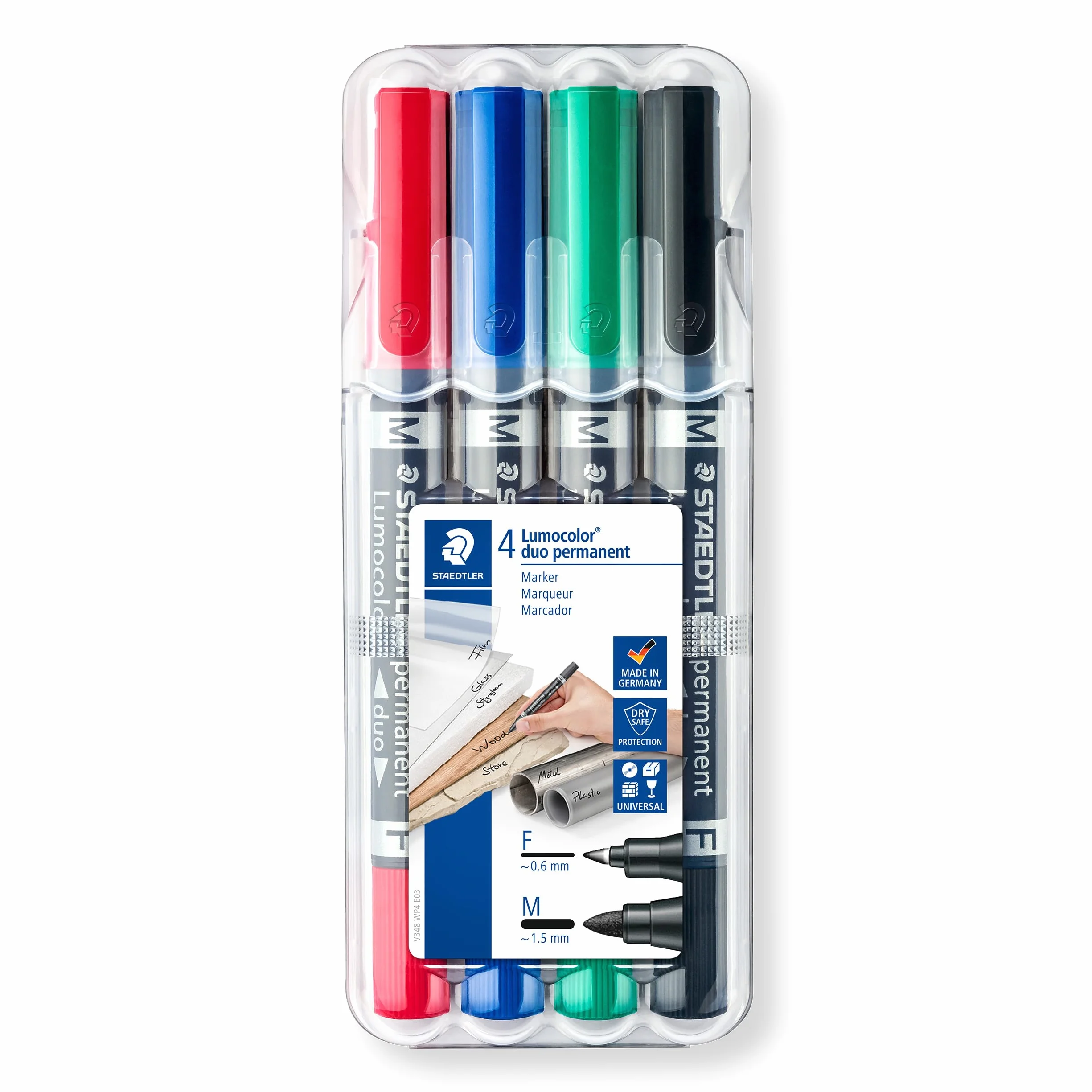 STAEDTLER 348 WP4 Lumocolor Permanent Duo Marker z podwójną końcówką, cienka i średnia szerokość linii - różne kolory (4 sztuki)