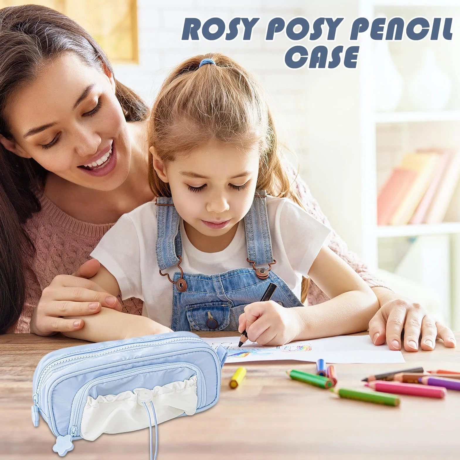 Kosmetyczka Rosy Posy o dużej pojemności, kremowy piórnik z motywem gwiazd, ładne piórniki ze sznurkiem do makijażu w kształcie litery T, do pokoju sztuki, przedszkola do zajęć DIY, Niebieski