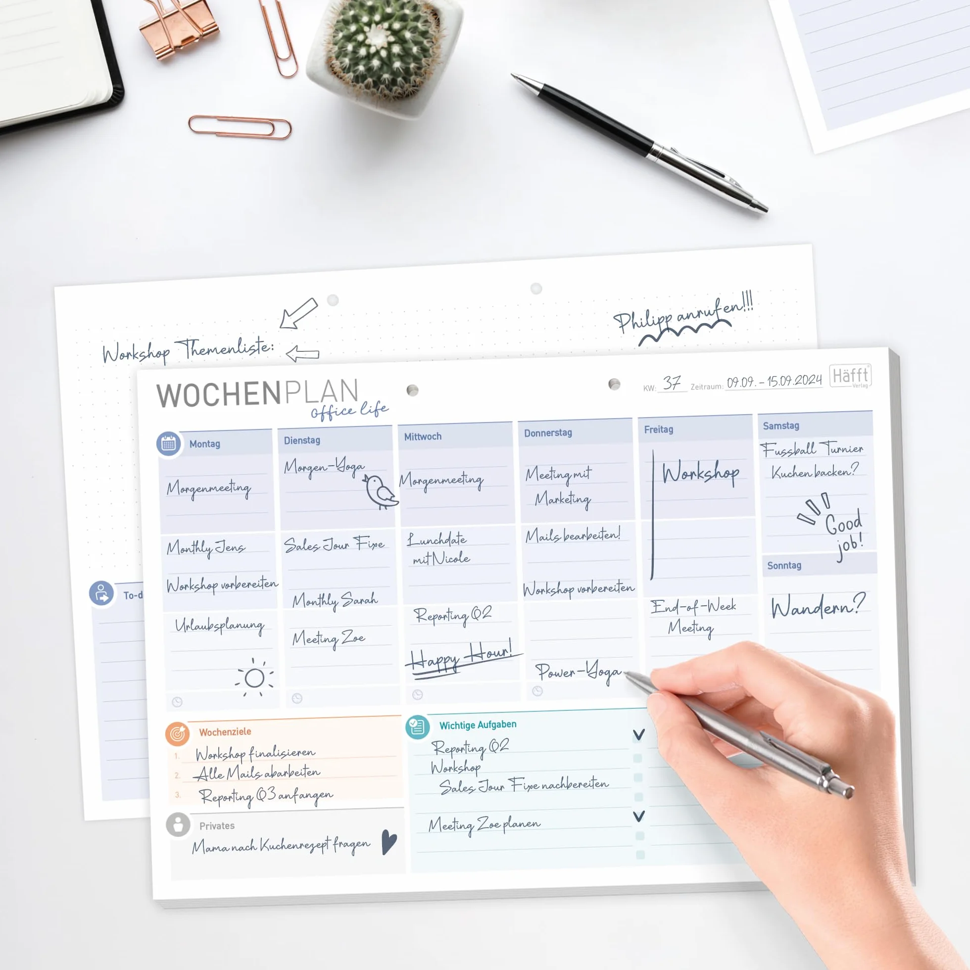 Planer tygodniowy Häfft® A4 bez stałej daty "Office Life" 50 kartek - planer spotkań bez daty z listą rzeczy do zrobienia, celami i nie tylko - przyjazny dla klimatu i ekologiczny