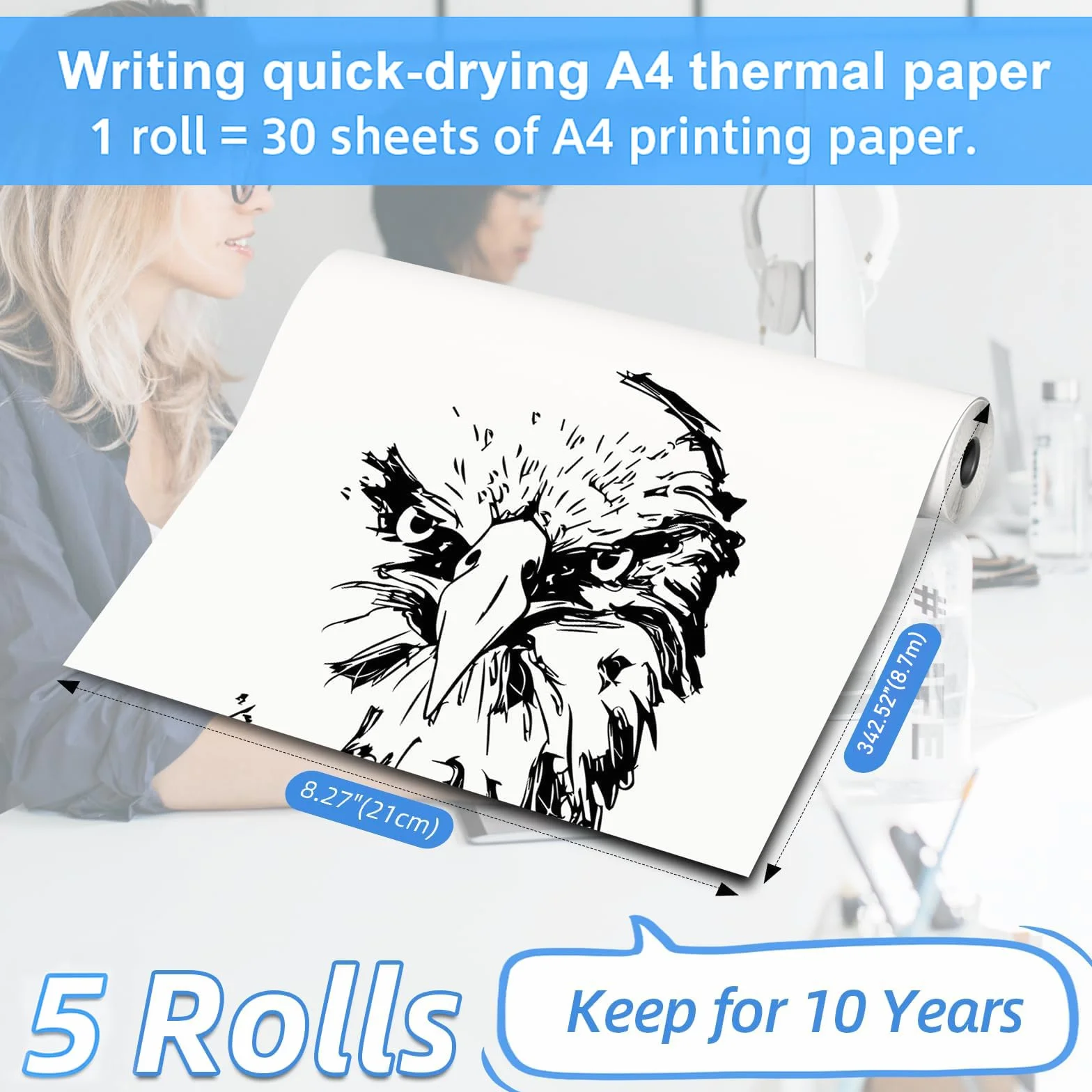 5 rolek papieru termicznego A4, w rolce – 210 mm x 30 mm x 8,7 m, biały papier termiczny A4, nie zawiera BPA, wodoodporny, kompatybilny z Phomemo, MUNBYN, PeriPage