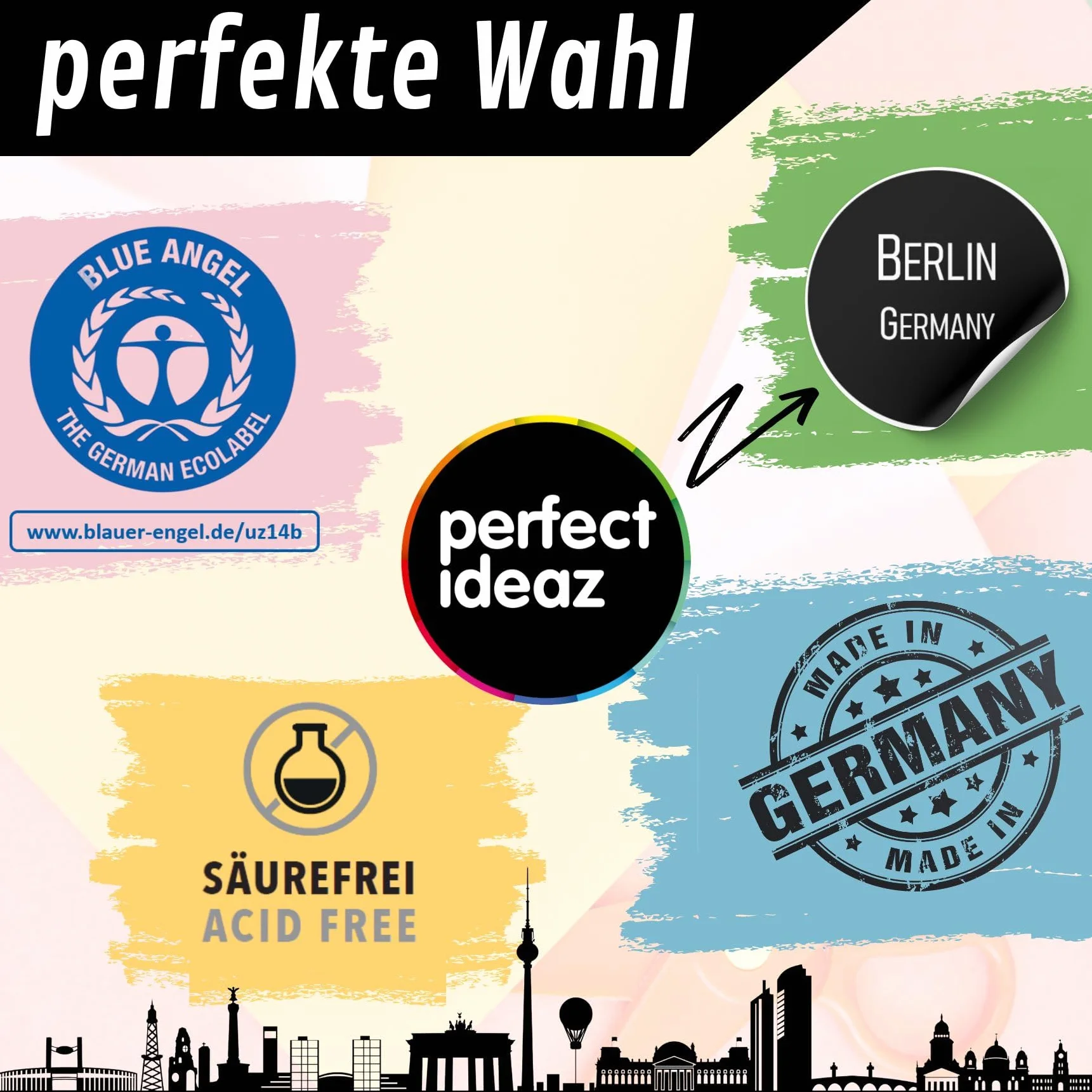 perfect ideaz - 50 kopert DIN-C6 bez okienka, na format DIN A6, z papieru pochodzącego z recyklingu, 10 kolorów, wyprodukowanych w Niemczech, certyfikat Blauer Engel