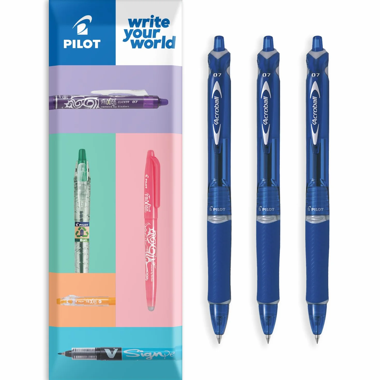 PILOT Acroball wysuwany długopis kulkowy, Begreen Range 79% z recyklingu, 3 sztuki, cienka stalówka 0,7 mm, w opakowaniu kopertowym, idealny do pisania, szkoły, domu, biura (niebieski)