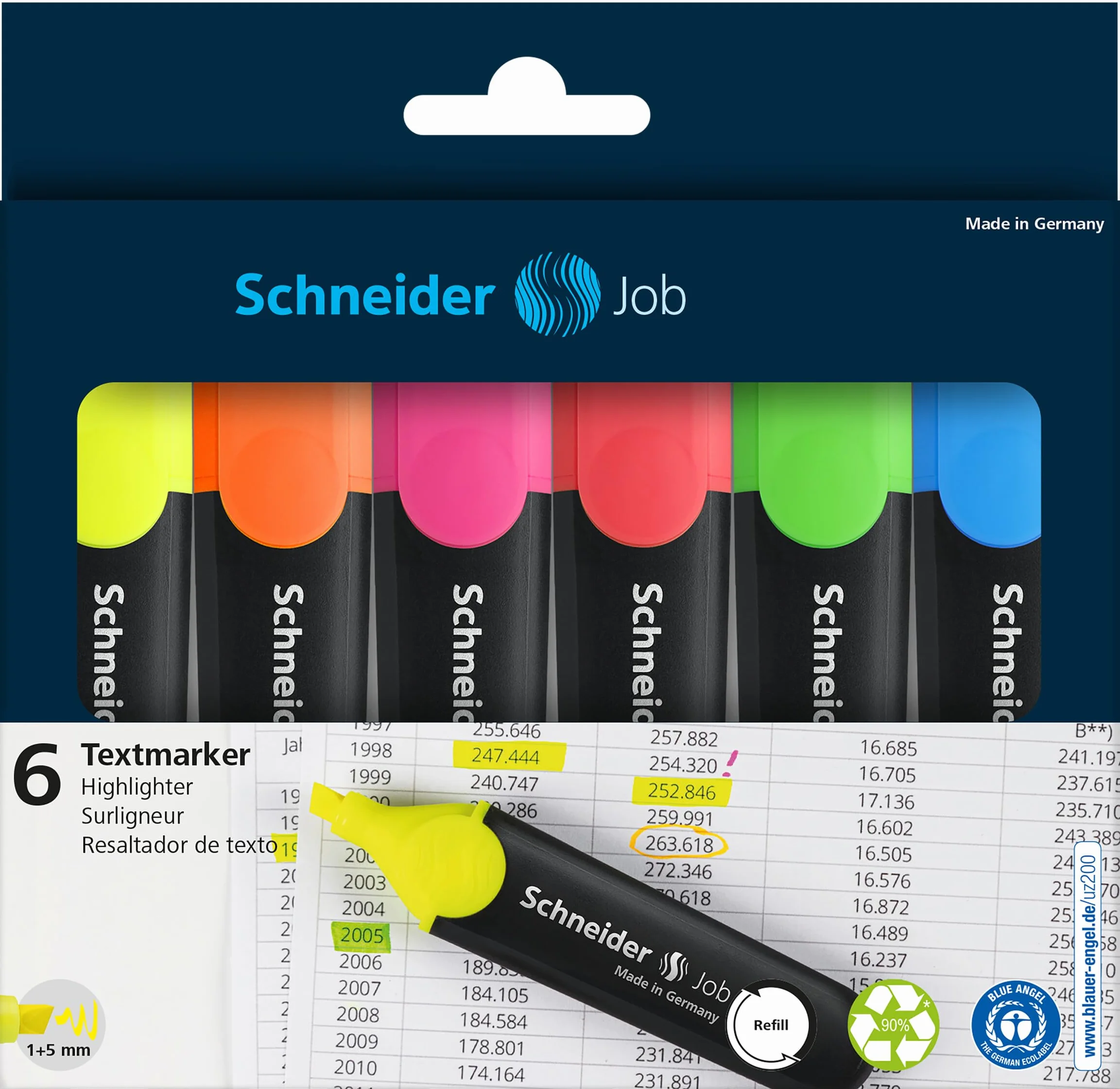 Schneider Job 150 zakreślacze (z tworzywa sztucznego pochodzącego z recyklingu, wyróżnione niebieskim aniołkiem) 6 sztuk w etui sortowane