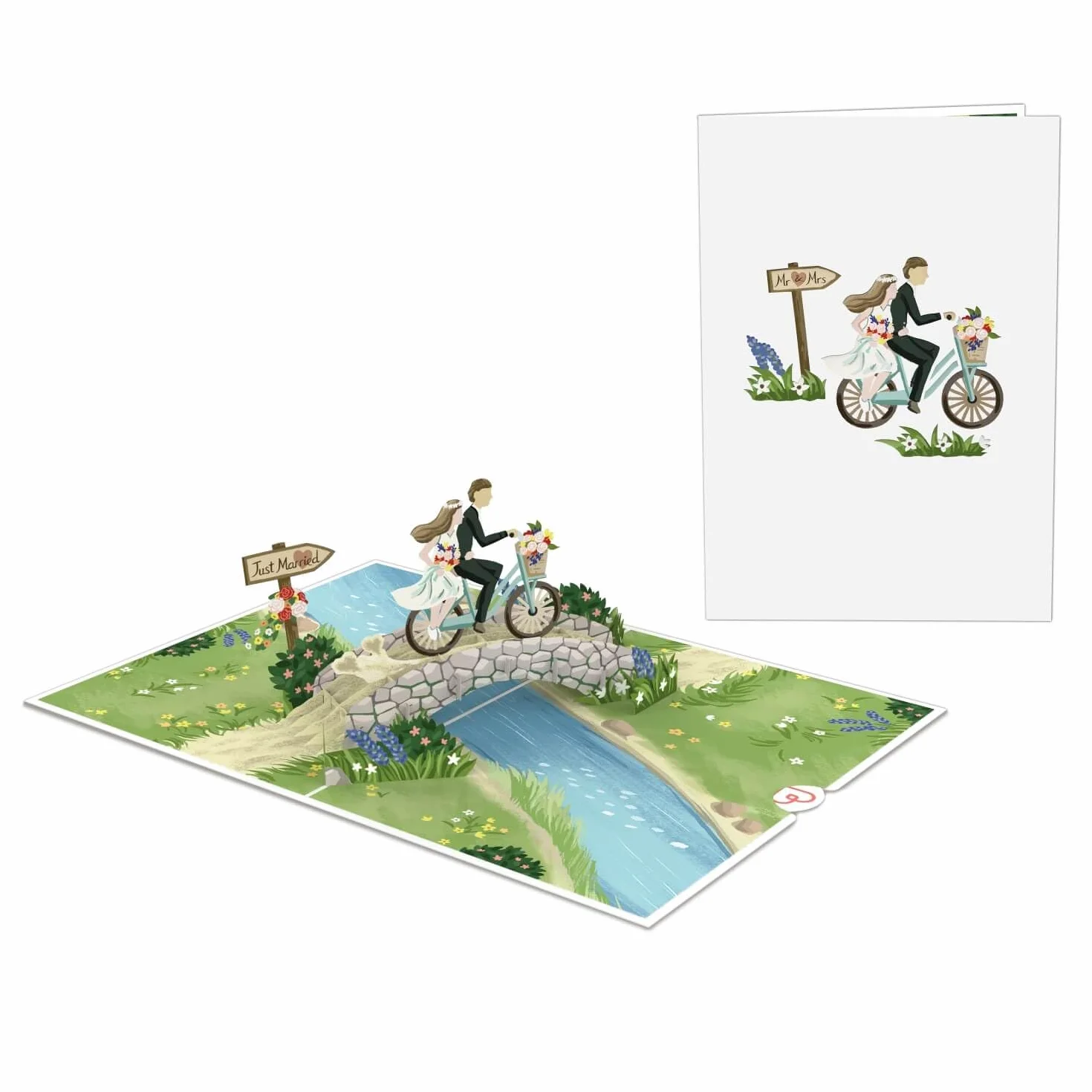 papercrush Luksusowa kartka ślubna 3D Pop Up dla panny młodej i pana młodego na rowerze – karta Just Married, śmieszne gratulacje ślubne dla córki, syna, brata i szwagierki, kupon podarunkowy na