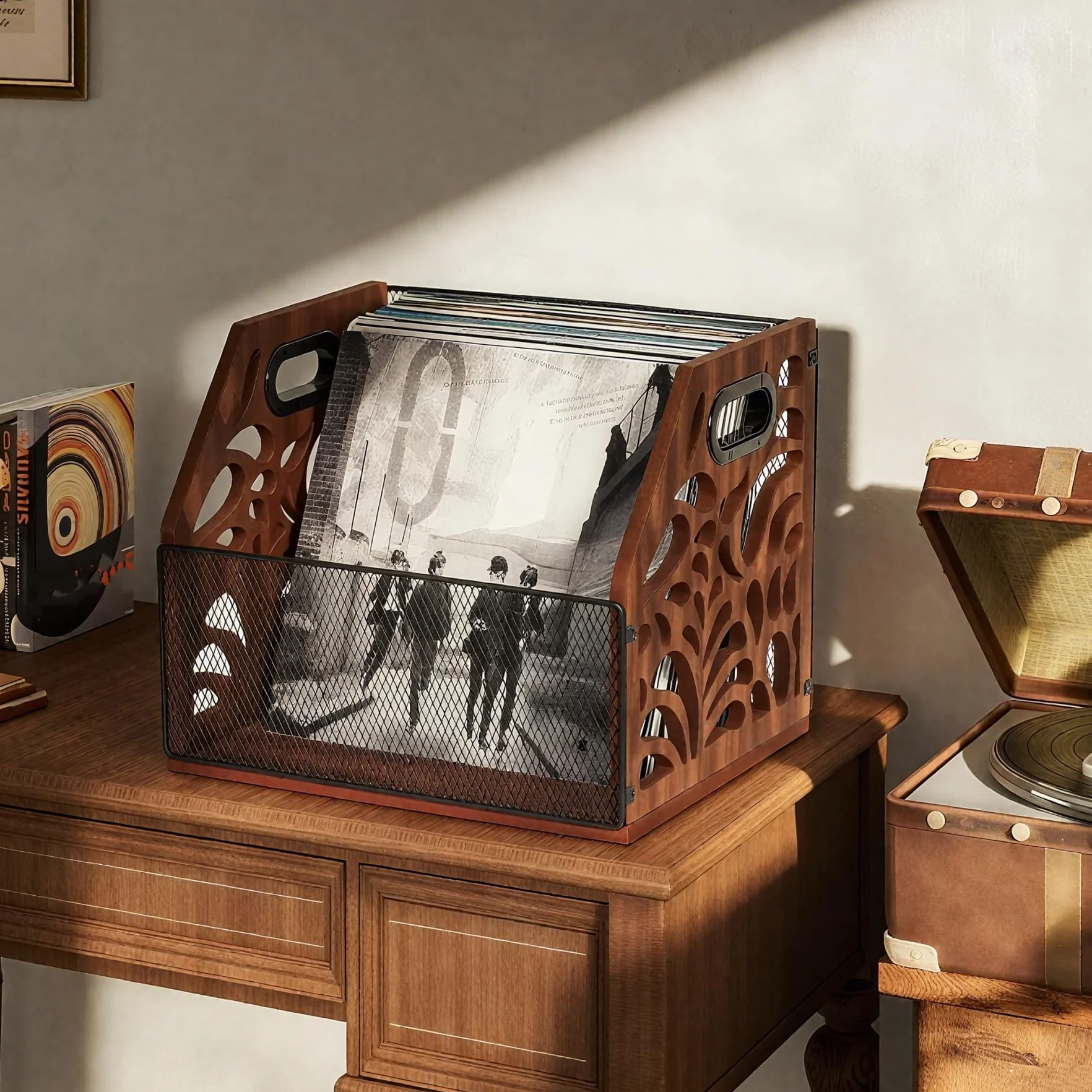 Regał do przechowywania płyt winylowych Vintage, drewniany uchwyt na płyty winylowe do przechowywania dla 70+ LP, również na albumy, magazyny, książki, akta, gazety