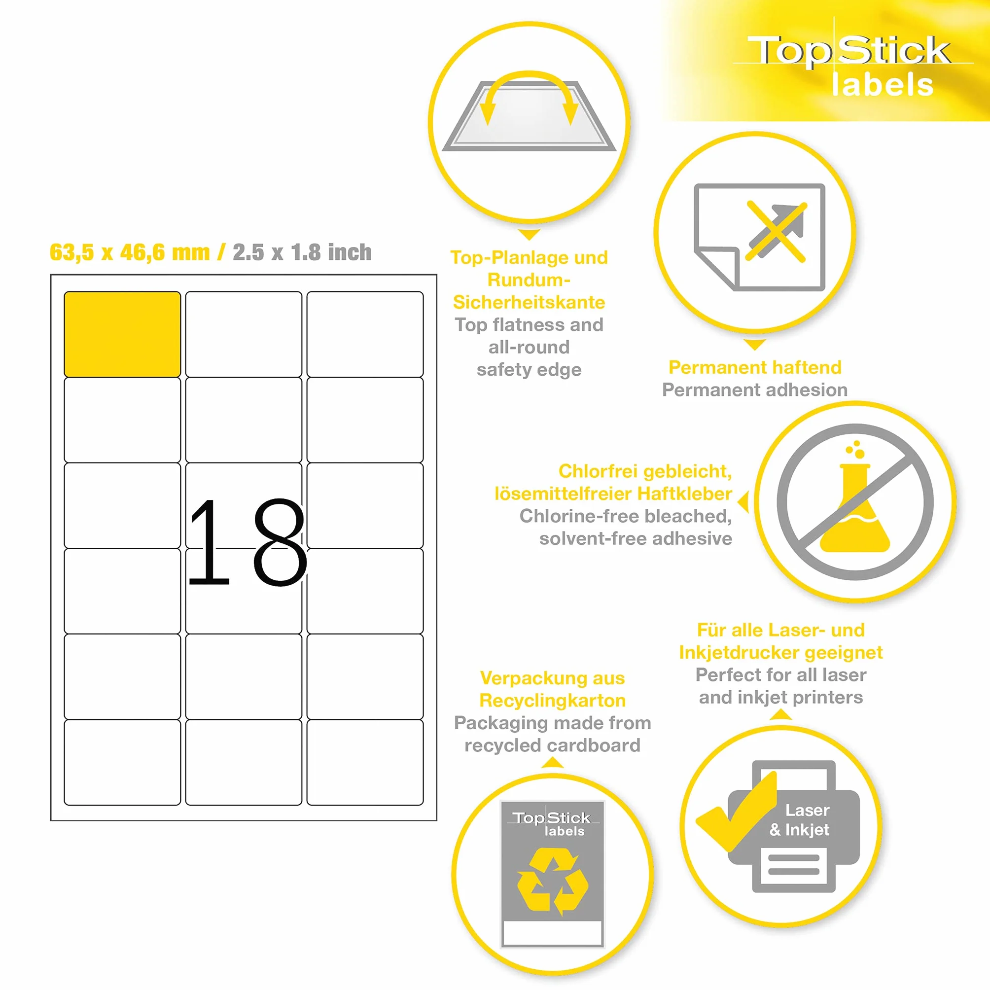 TopStick 8735 etykiety adresowe, 100 arkuszy, 63,5 x 46,6 mm, 18 na arkusz A4, 1800 sztuk, samoprzylepne, do zadrukowania, matowe, czyste naklejki adresowe, białe