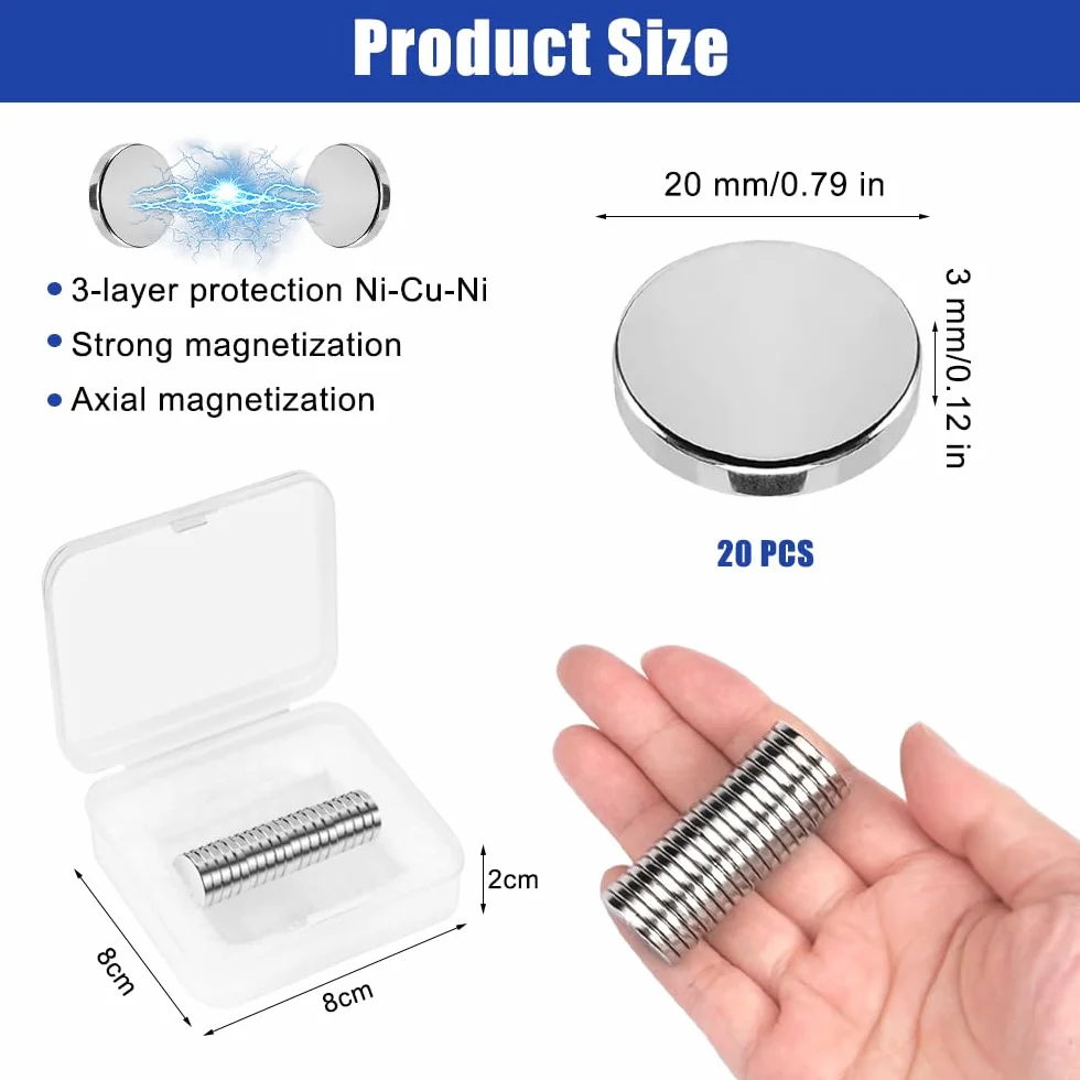 Magnesy neodymowe, bardzo mocne, 20 x 3 mm, okrągłe, silne magnesy na lodówkę, tablicę magnetyczną, tablicę suchościeralną, do majsterkowania
