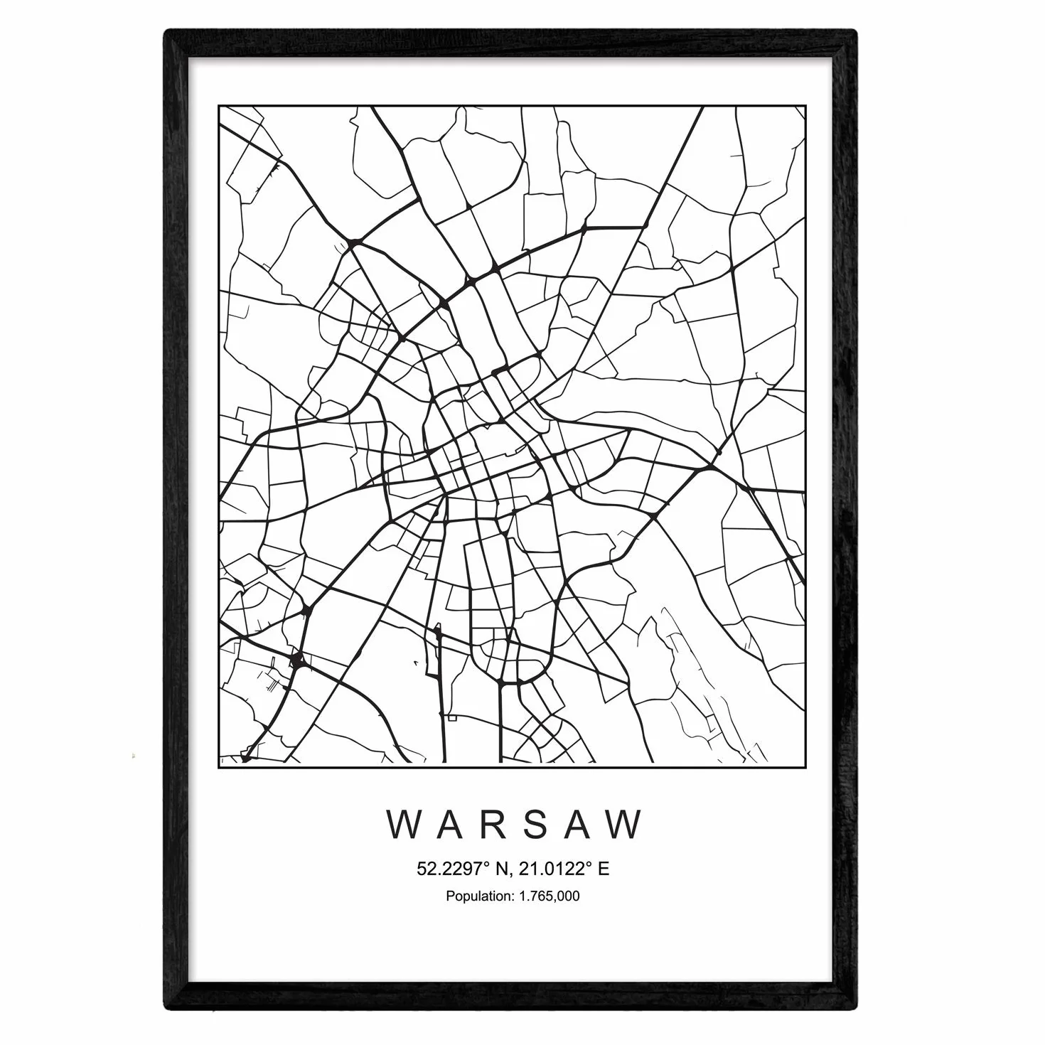 Plakat z nadrukiem mapy Warszawy A3 w stylu skandynawskim czarno-biały 250g papier plakatowy