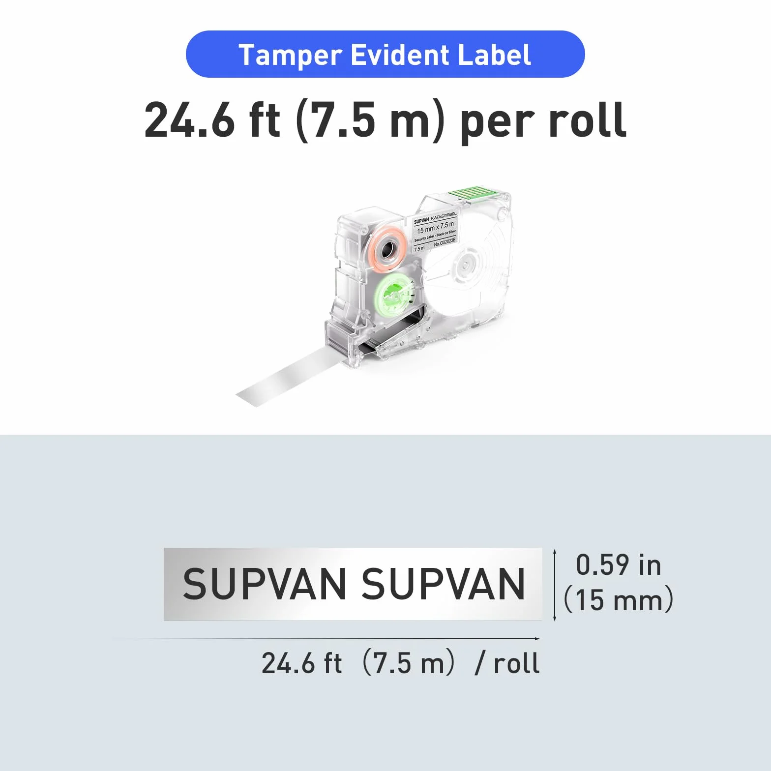 SUPVAN G15M Etykiety Zabezpieczające VOID, Termotransferowe, 15 mm x 7,5 m, Wytrzymały Poliester, Możliwość Personalizacji i Dowolnej Długości Etykiety, Do Zastosowań Ochronnych, Czarny na Srebrnym