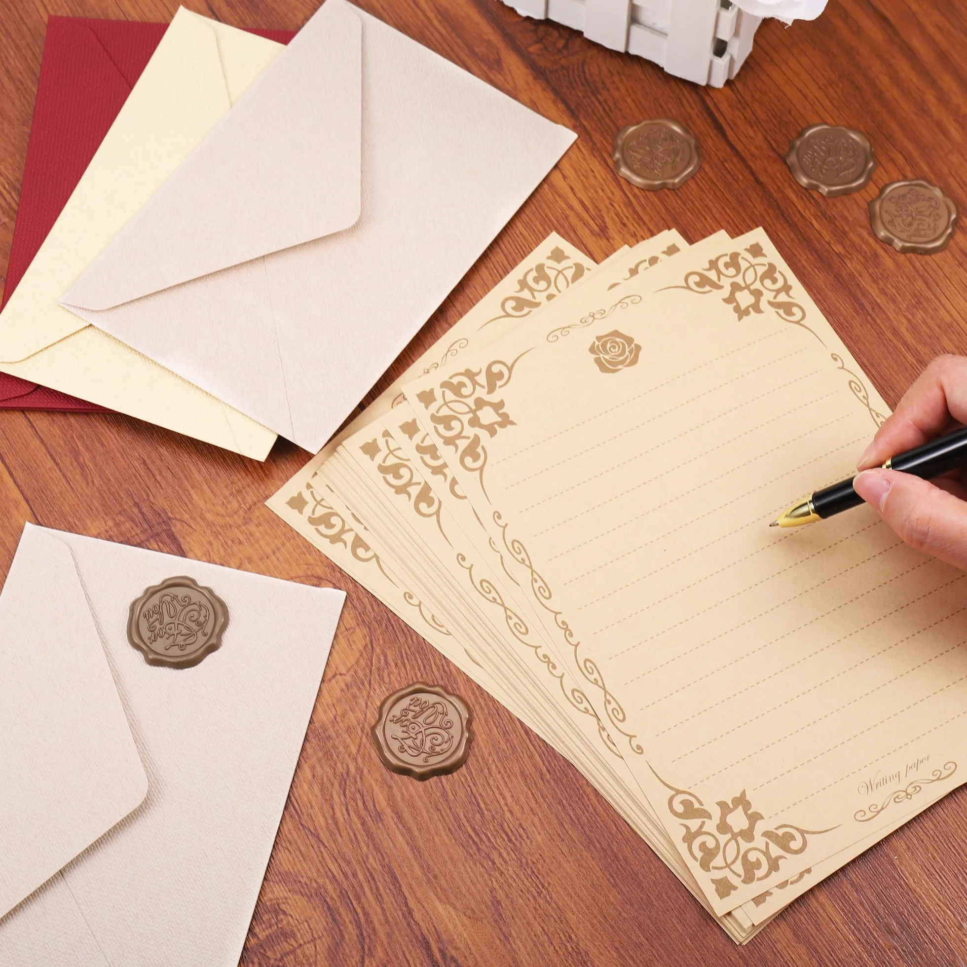 Zestaw papieru listowego vintage lniane koperty żółty brązowy czerwony 30 arkuszy 9 pieczęci woskowych