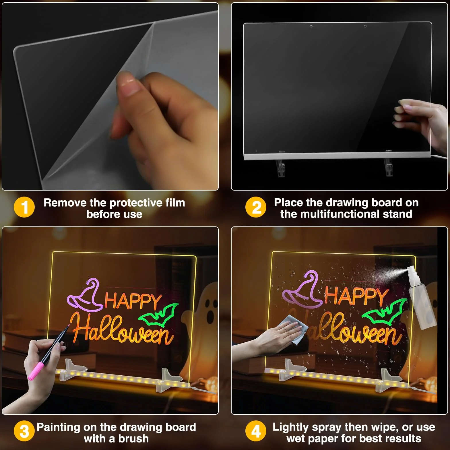 Tablica akrylowa ze światłami LED 35 x 25 cm, tablica informacyjna LED, z 7 kolorami długopisu i uchwytu, magiczna tablica dla dzieci, przezroczysta tablica do pisania, dla dzieci, szkoły, baru (35 x