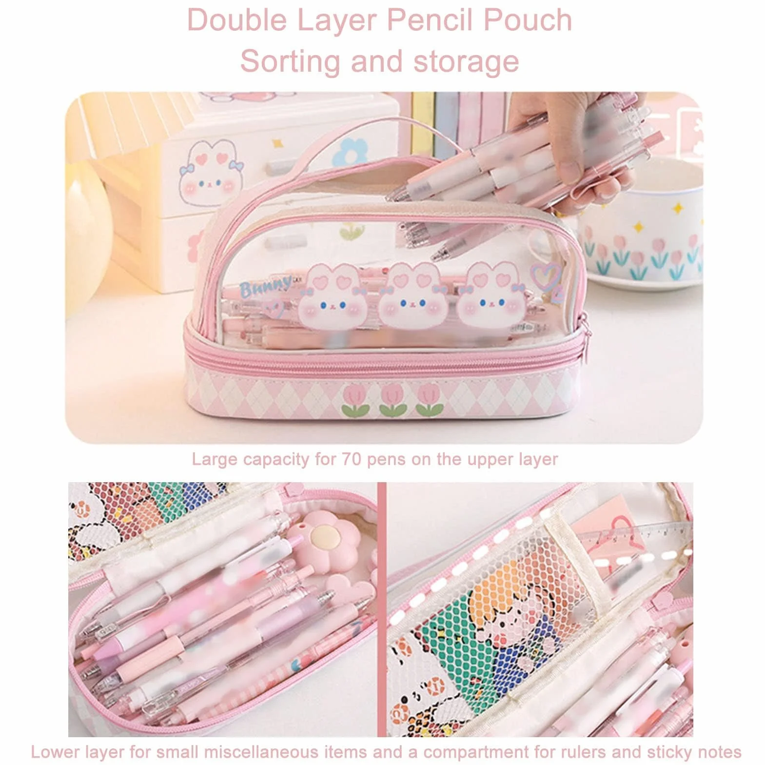 Piórnik Kawaii różowy duża pojemność dla dziewcząt dzieci nastolatków