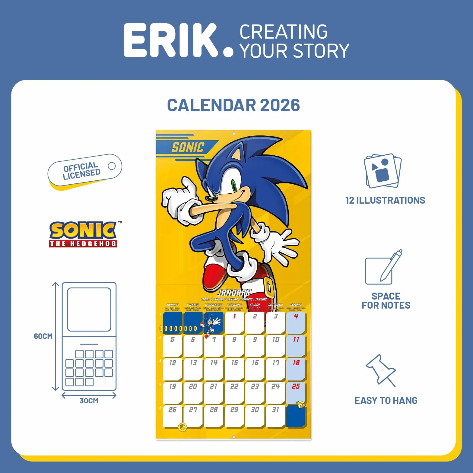 Grupo Erik Wall Calendar 2026 - Sonic Calendar 2026 | Square 30 x 30 cm - 12 x 12 inches Wall Planner, Family Planner Month To View | Sonic The Hedgehog Gifts For Friends