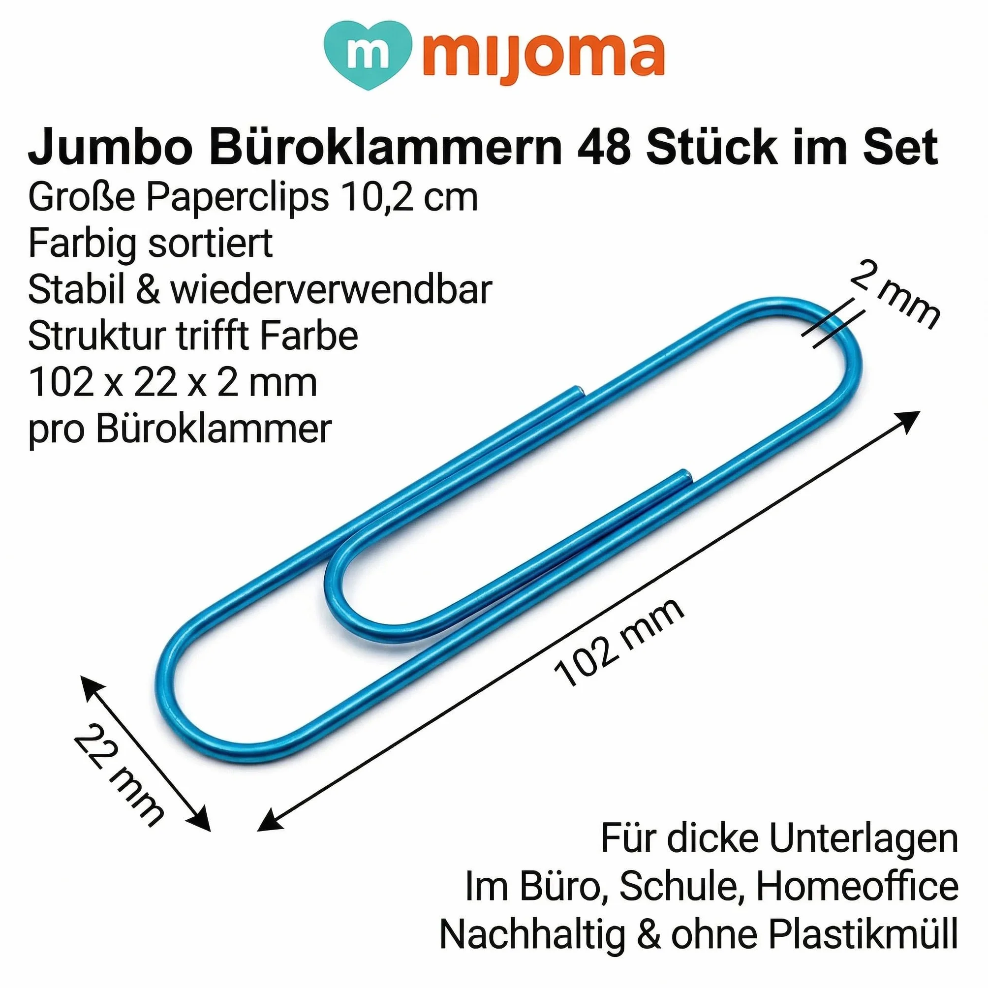 MIJOMA Jumbo spinacze biurowe, 48 sztuk w zestawie – kolorowe spinacze biurowe z metalu – duże klipsy 10,2 cm – sortowane kolory – stabilne i wielokrotnego użytku