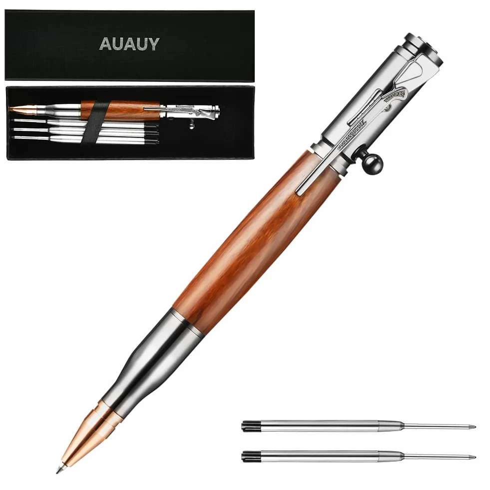 AUAUY Długopis z etui na prezent, chowany, lekki, metalowy długopis, z 5 dodatkowymi wkładami, atrament, do biura, szkoły, prezent dla studentów, taty, kolegi, chłopaka, męża, (słoje drewna)