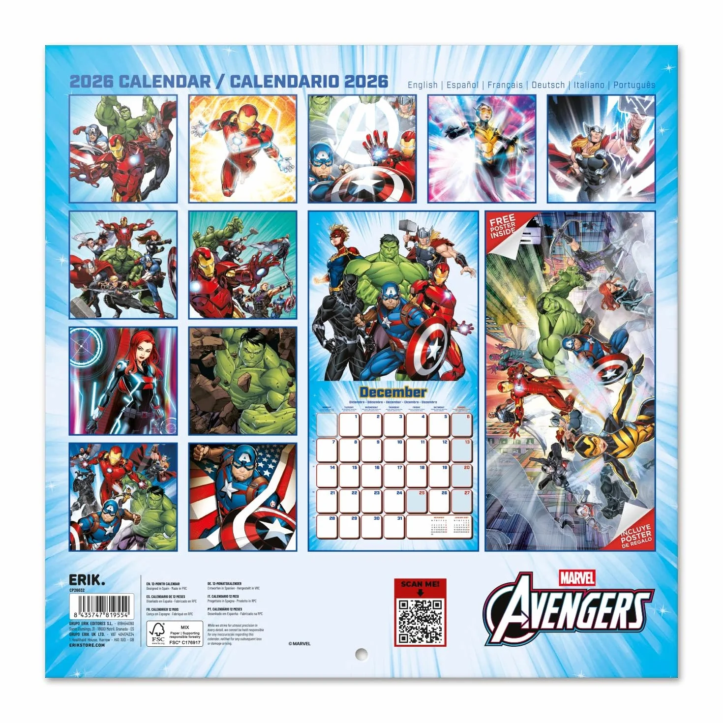 Grupo Erik Marvel Avengers Wall Calendar 2026 30x30 cm Square Family Planner